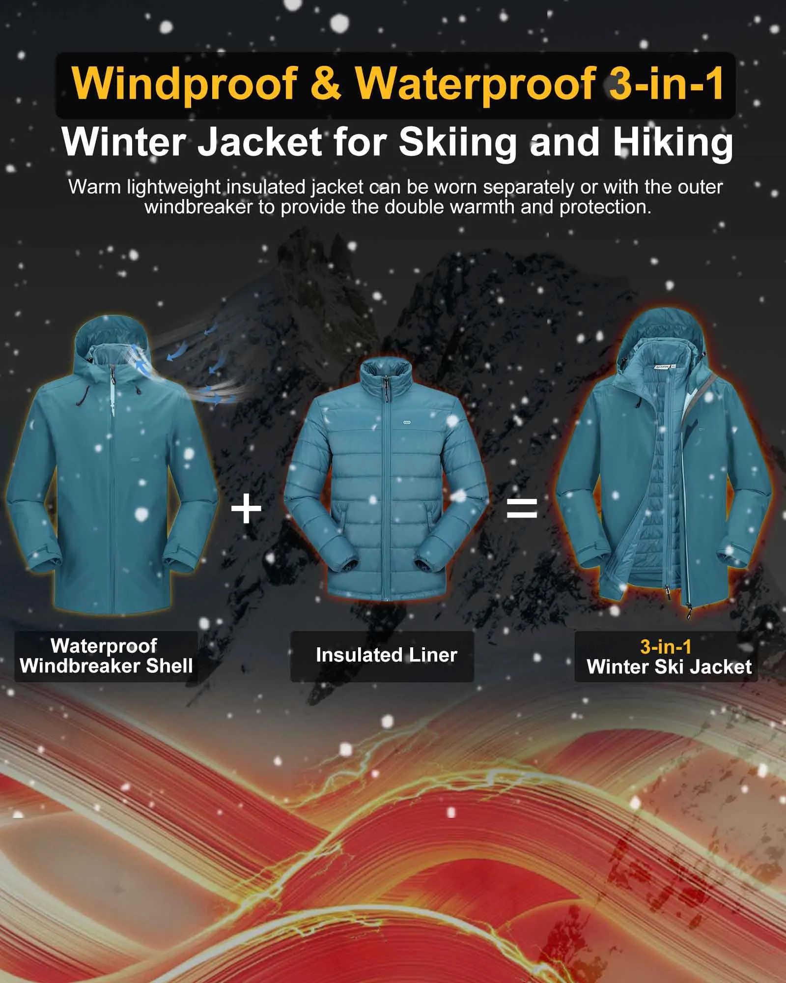 10000mm W/P Index 10000 Level Breathable Men's 3-in-1 Ski Jacket with 5 Pockets