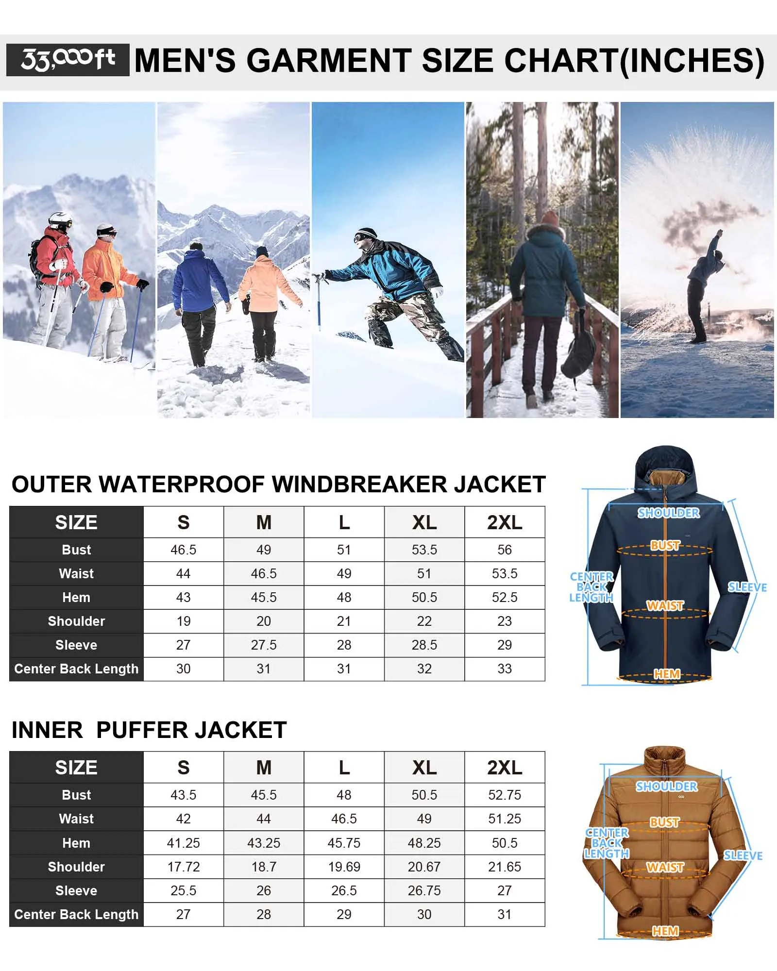 10000mm W/P Index 10000 Level Breathable Men's 3-in-1 Ski Jacket with 5 Pockets