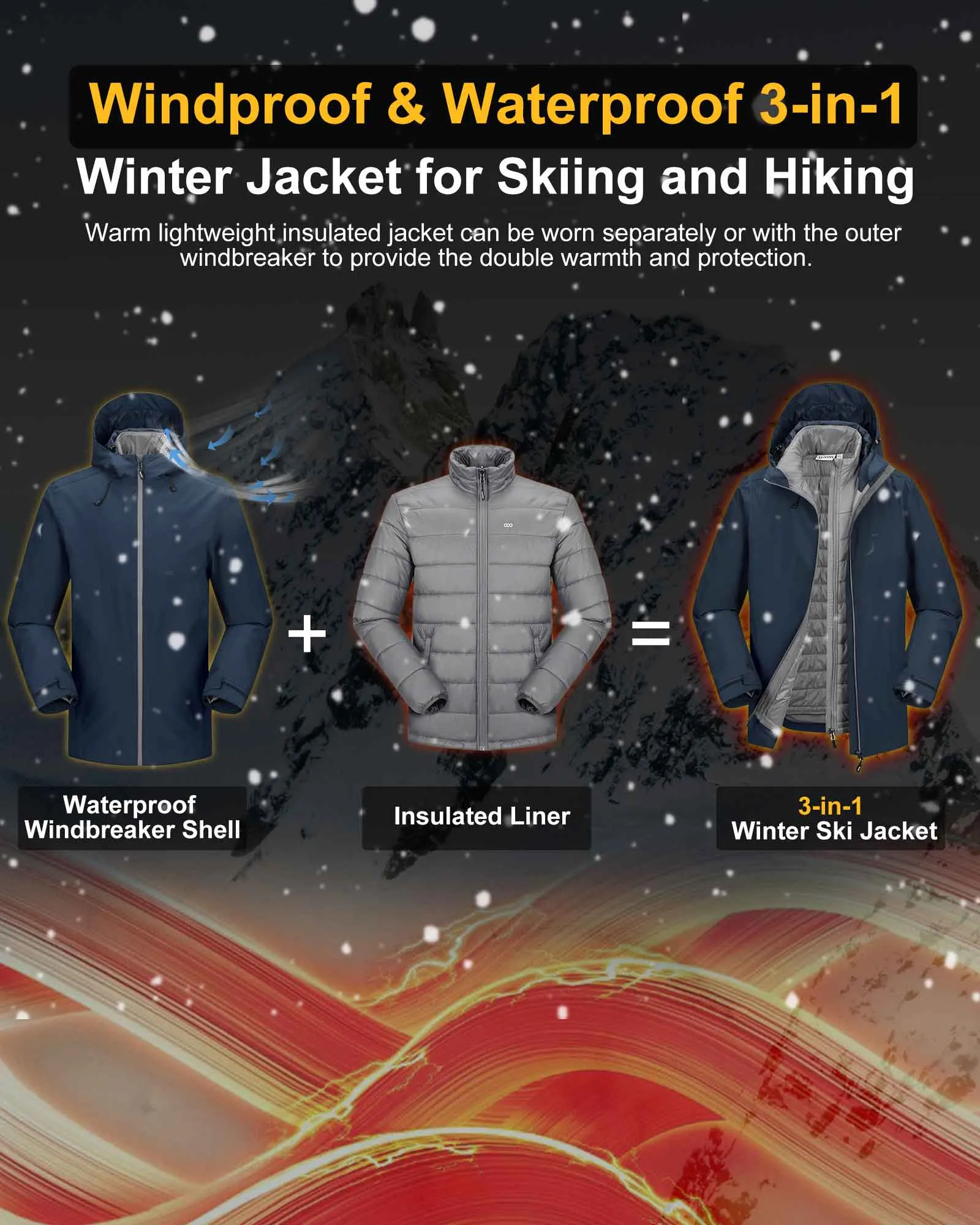 10000mm W/P Index 10000 Level Breathable Men's 3-in-1 Ski Jacket with 5 Pockets