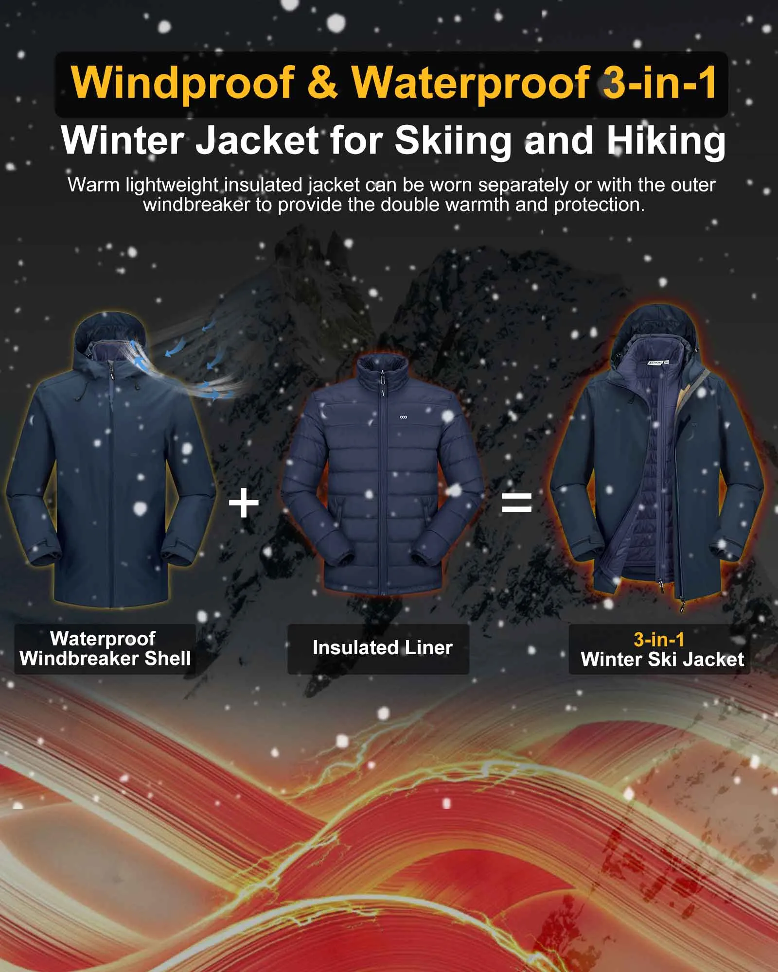 10000mm W/P Index 10000 Level Breathable Men's 3-in-1 Ski Jacket with 5 Pockets