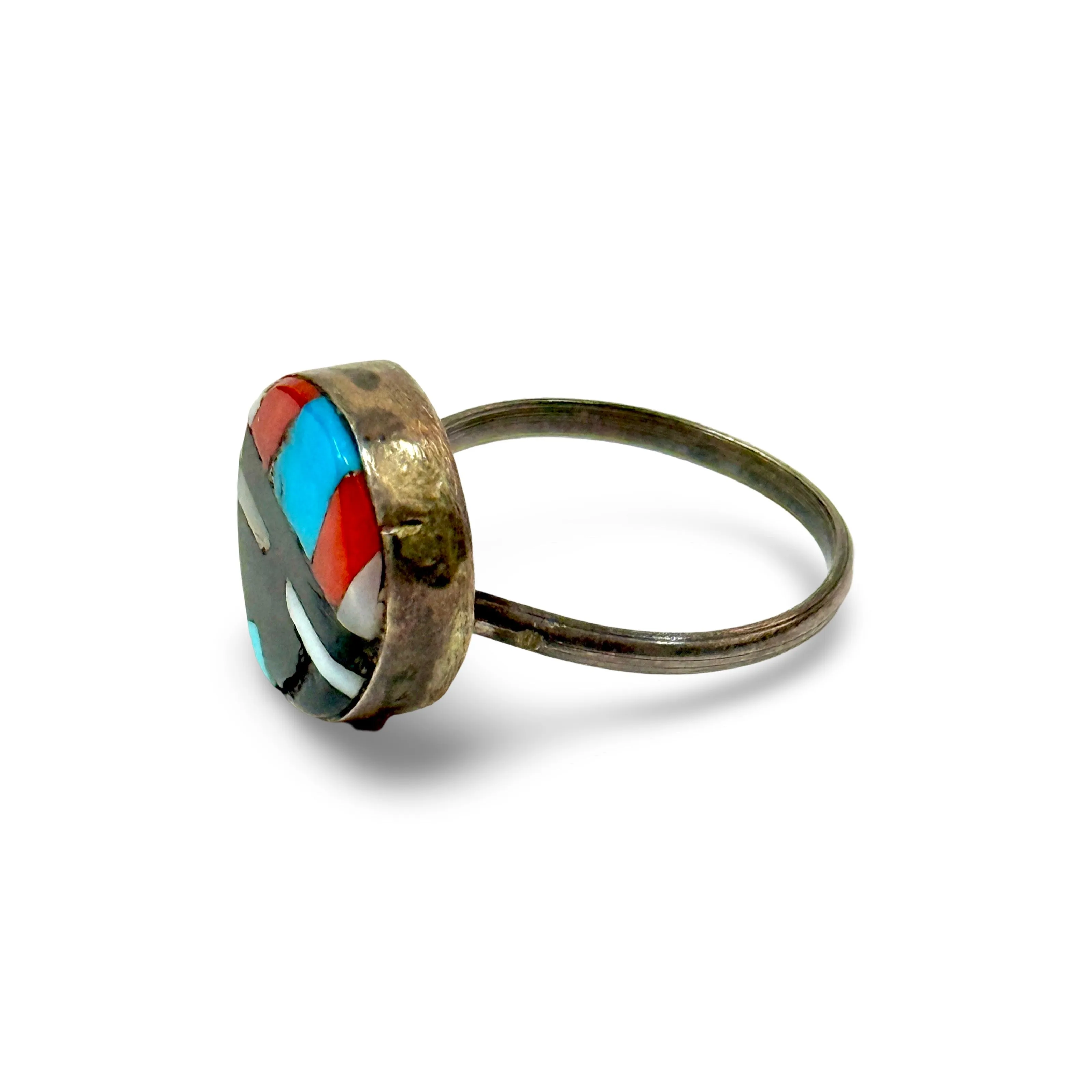 1970’S ZUNI SUNFACE .925 STERLING SILVER ONYX MOP CORAL TURQUOISE RING SIZE 6