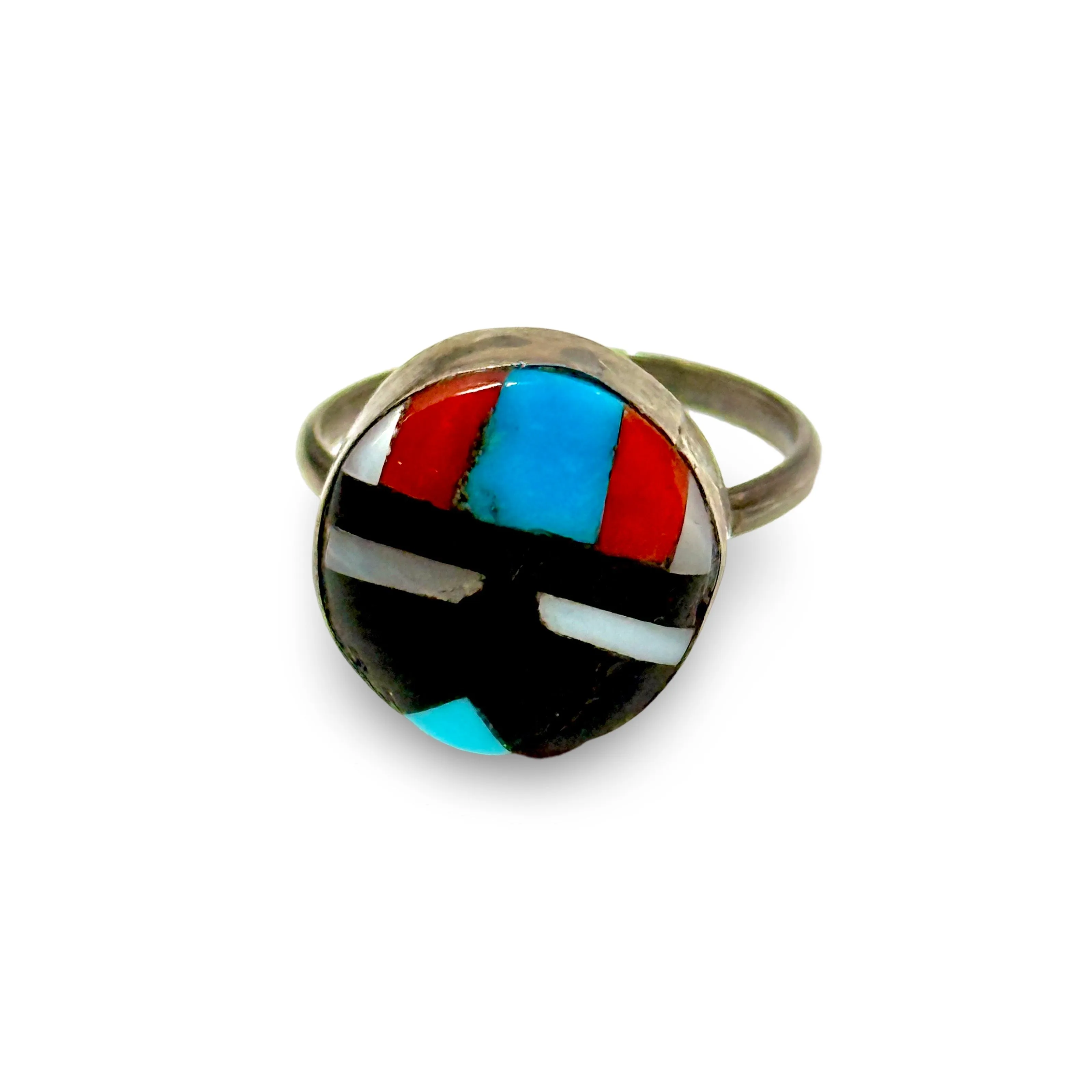 1970’S ZUNI SUNFACE .925 STERLING SILVER ONYX MOP CORAL TURQUOISE RING SIZE 6