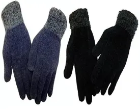 2 Ladies Chenille Gloves with Faux Fur Cuff Warm Thermal Gloves Black Navy Xmas Gift