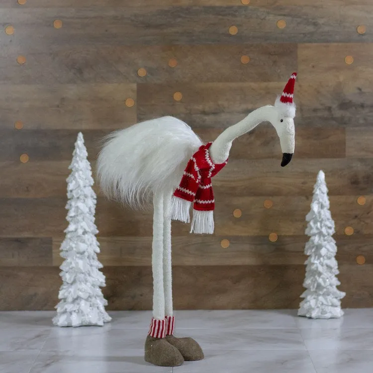 20" Plush White and Red Standing Flamingo Christmas Tabletop Figurine