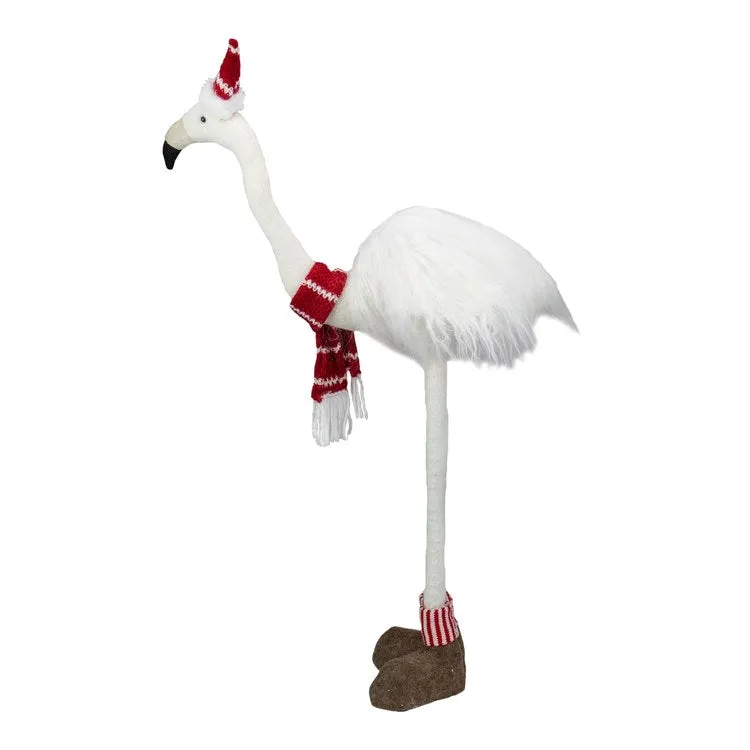 20" Plush White and Red Standing Flamingo Christmas Tabletop Figurine