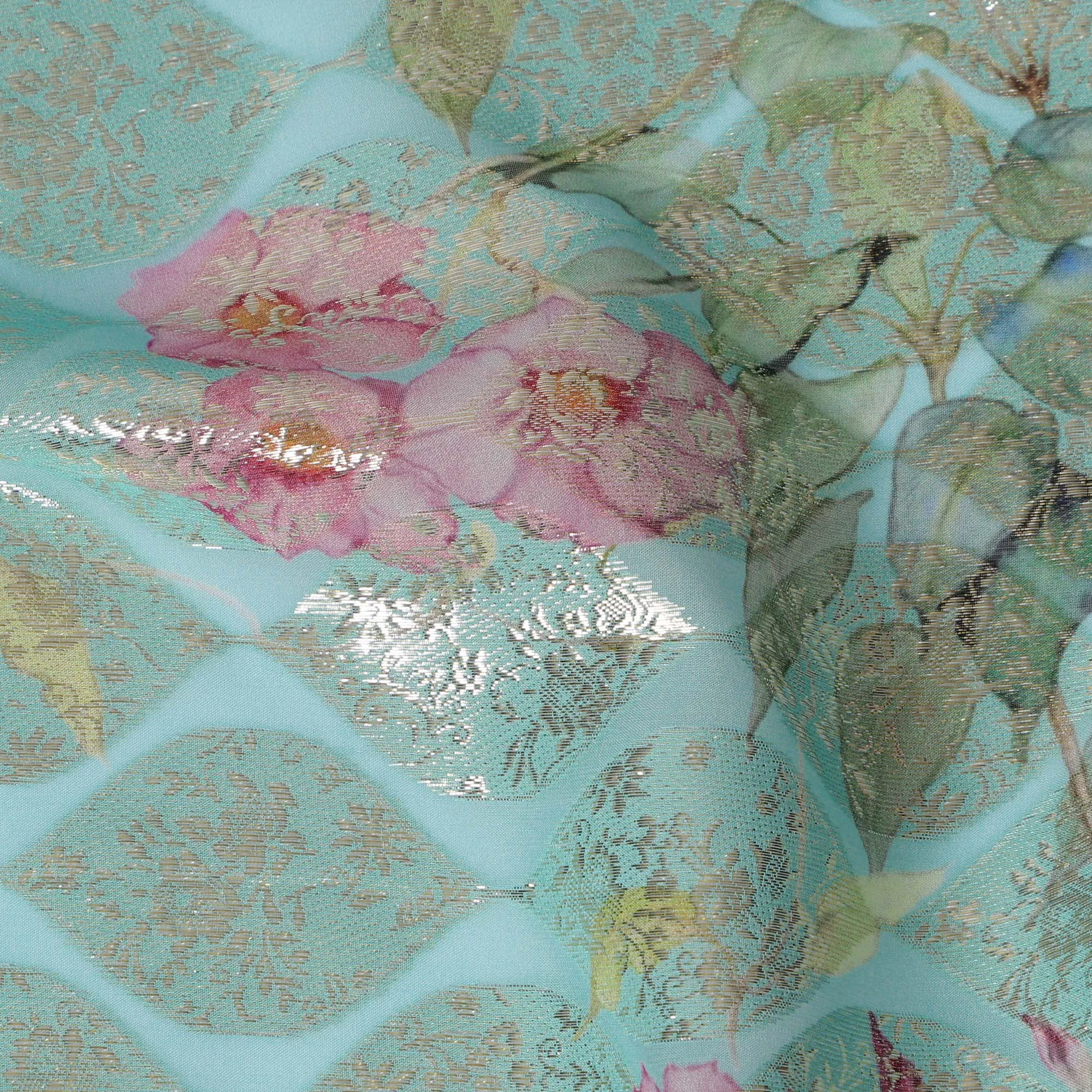 Aqua Floral Silk Chiffon Fabric with Metallic Lurex, Width 140 cm, South Korea-D21265