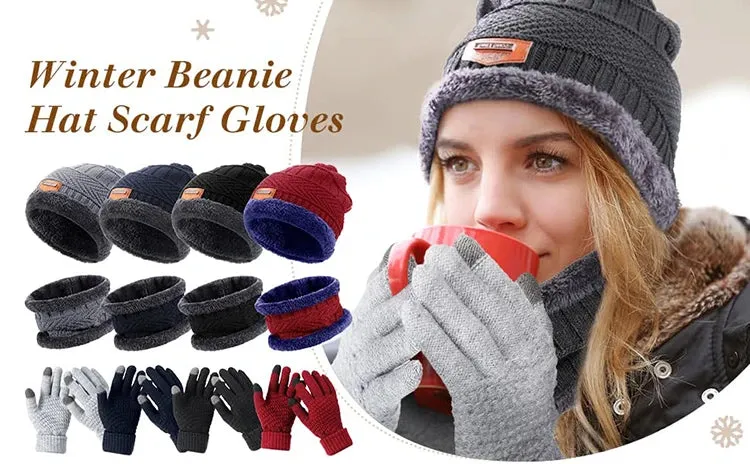 Beanie Hat Scarf and Touchscreen Gloves Set | High-quality Wool Thick Fleece