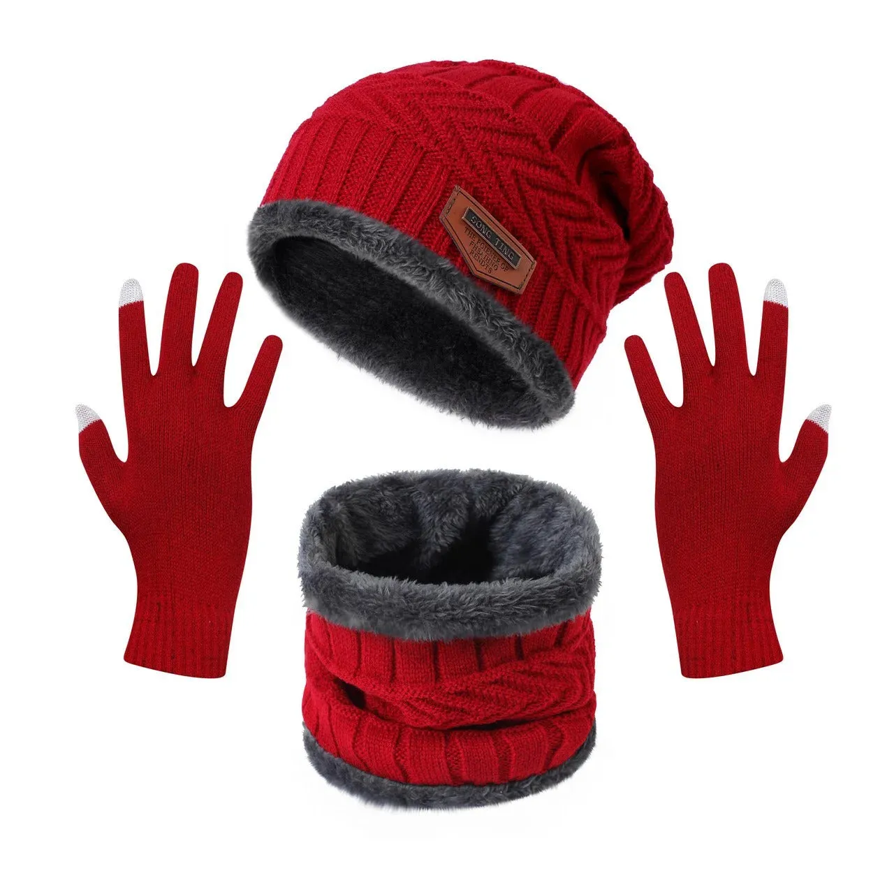 Beanie Hat Scarf and Touchscreen Gloves Set | High-quality Wool Thick Fleece