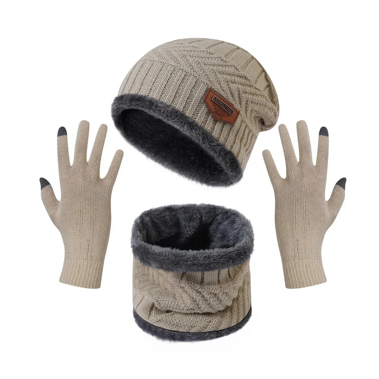 Beanie Hat Scarf and Touchscreen Gloves Set | High-quality Wool Thick Fleece