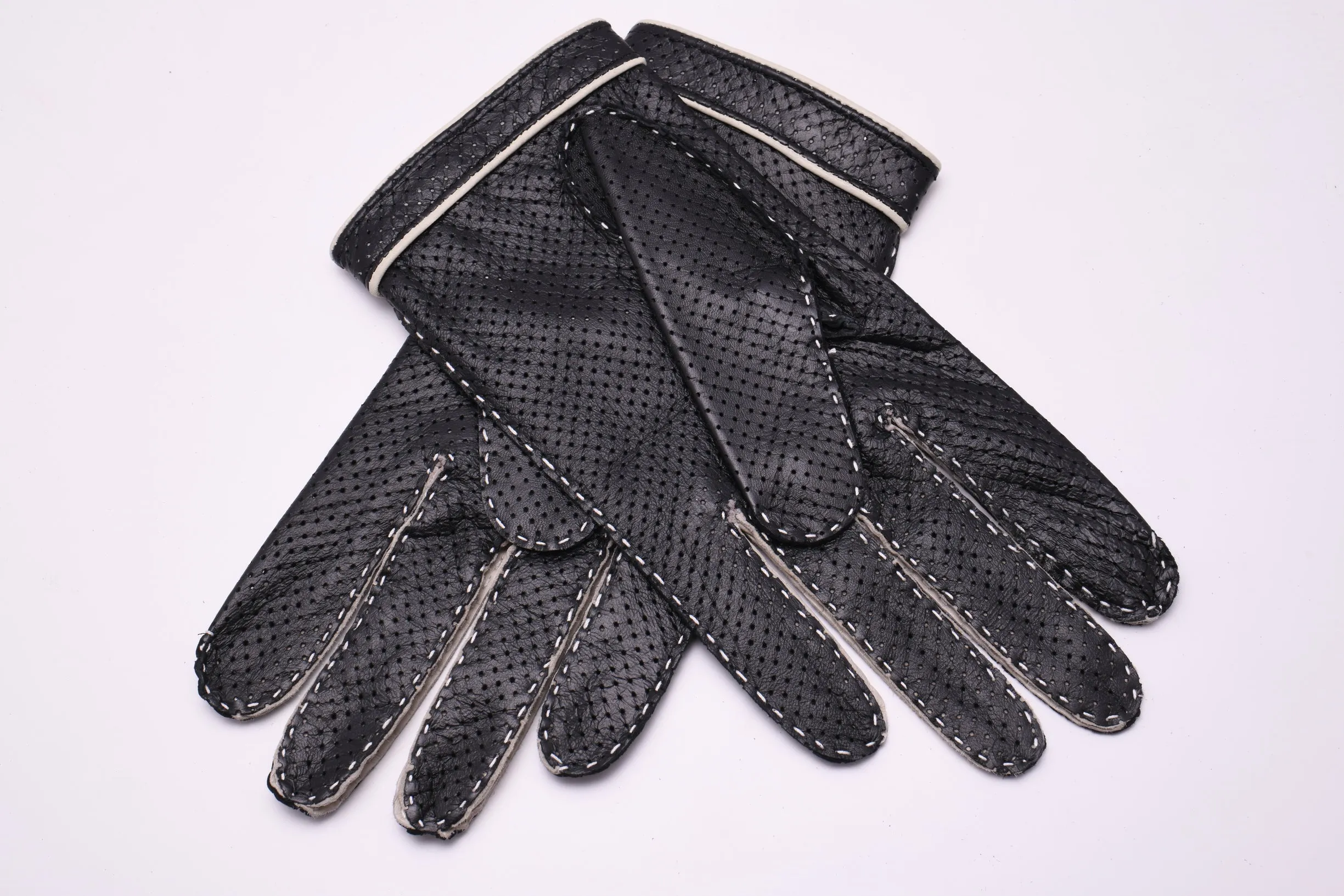 Black & Cream Leather Touchscreen Driving Gloves