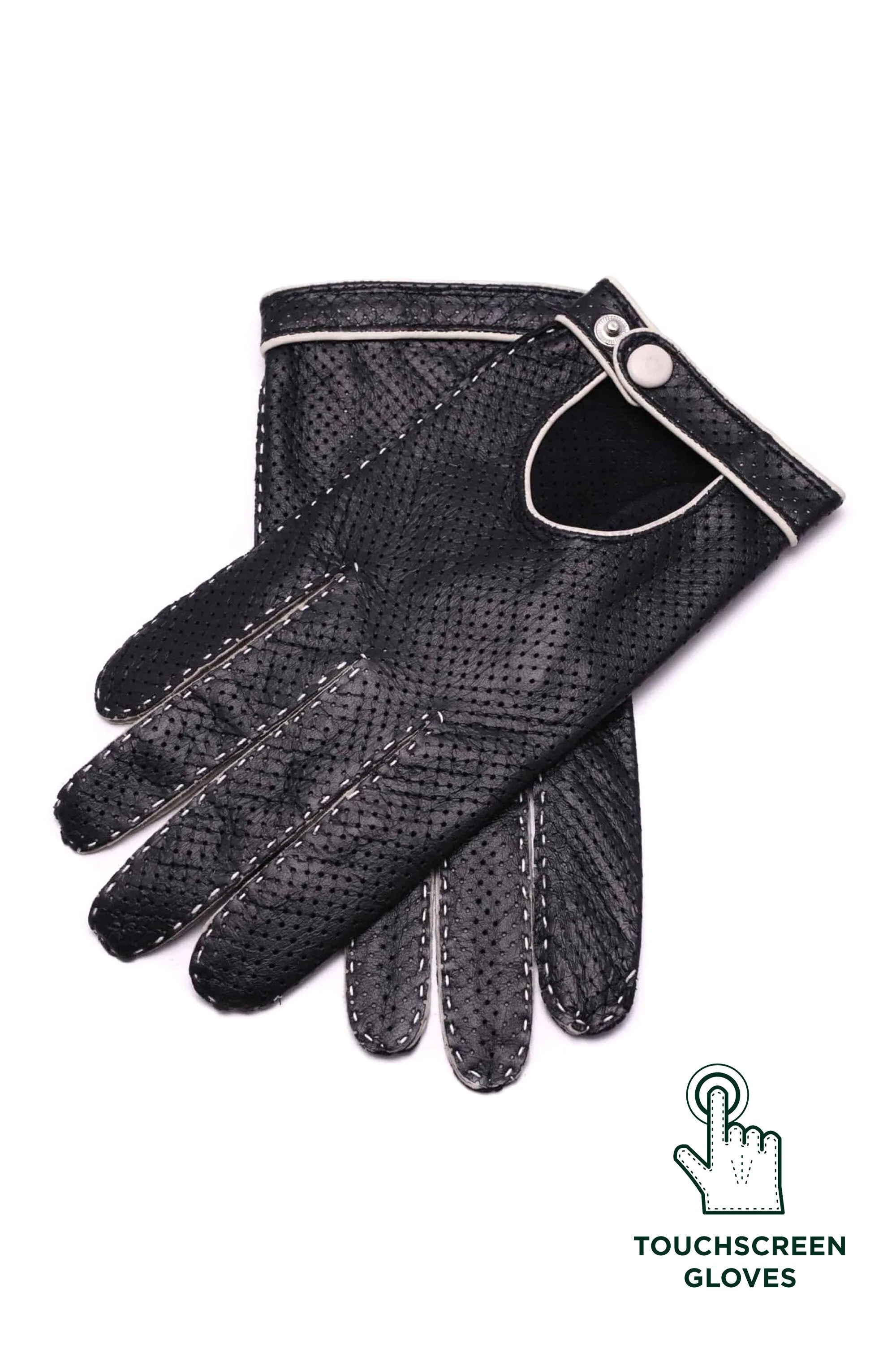 Black & Cream Leather Touchscreen Driving Gloves