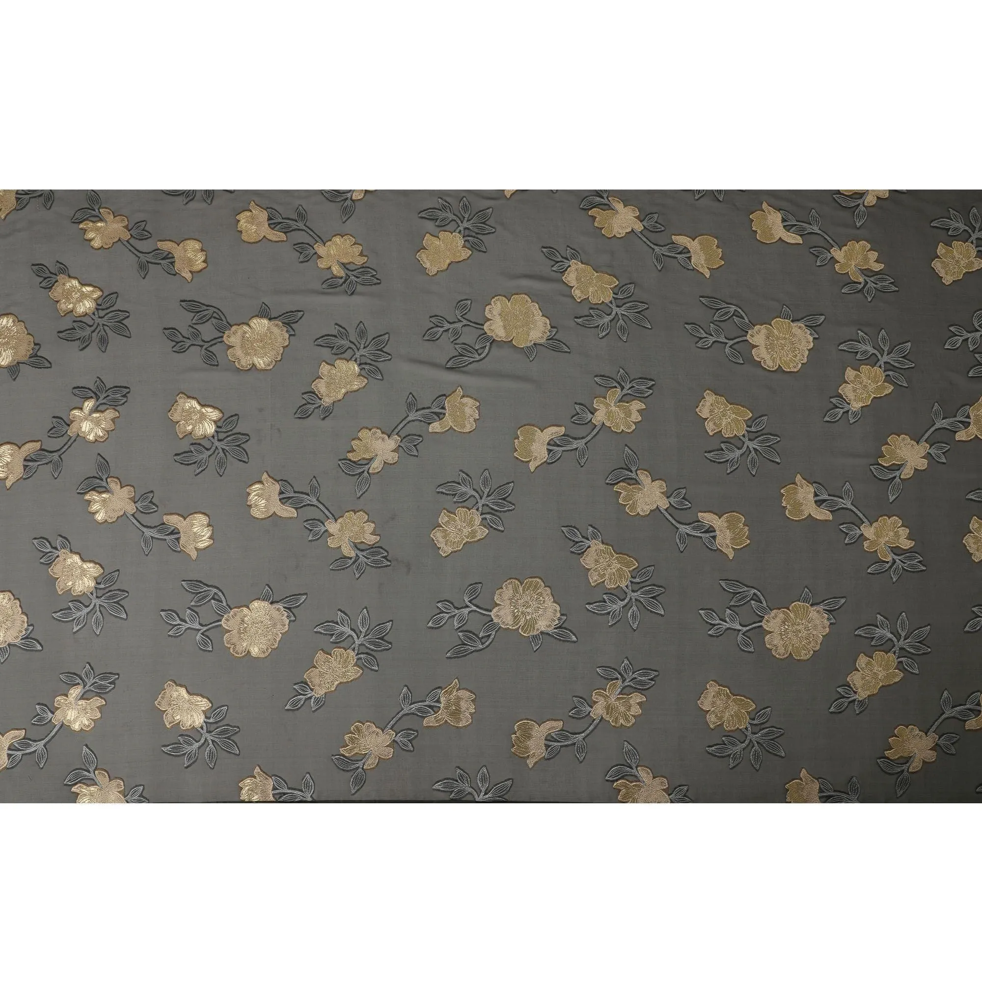 Black French silk chiffon fabric with steel grey, beige viscose and golden metallic lurex in floral design