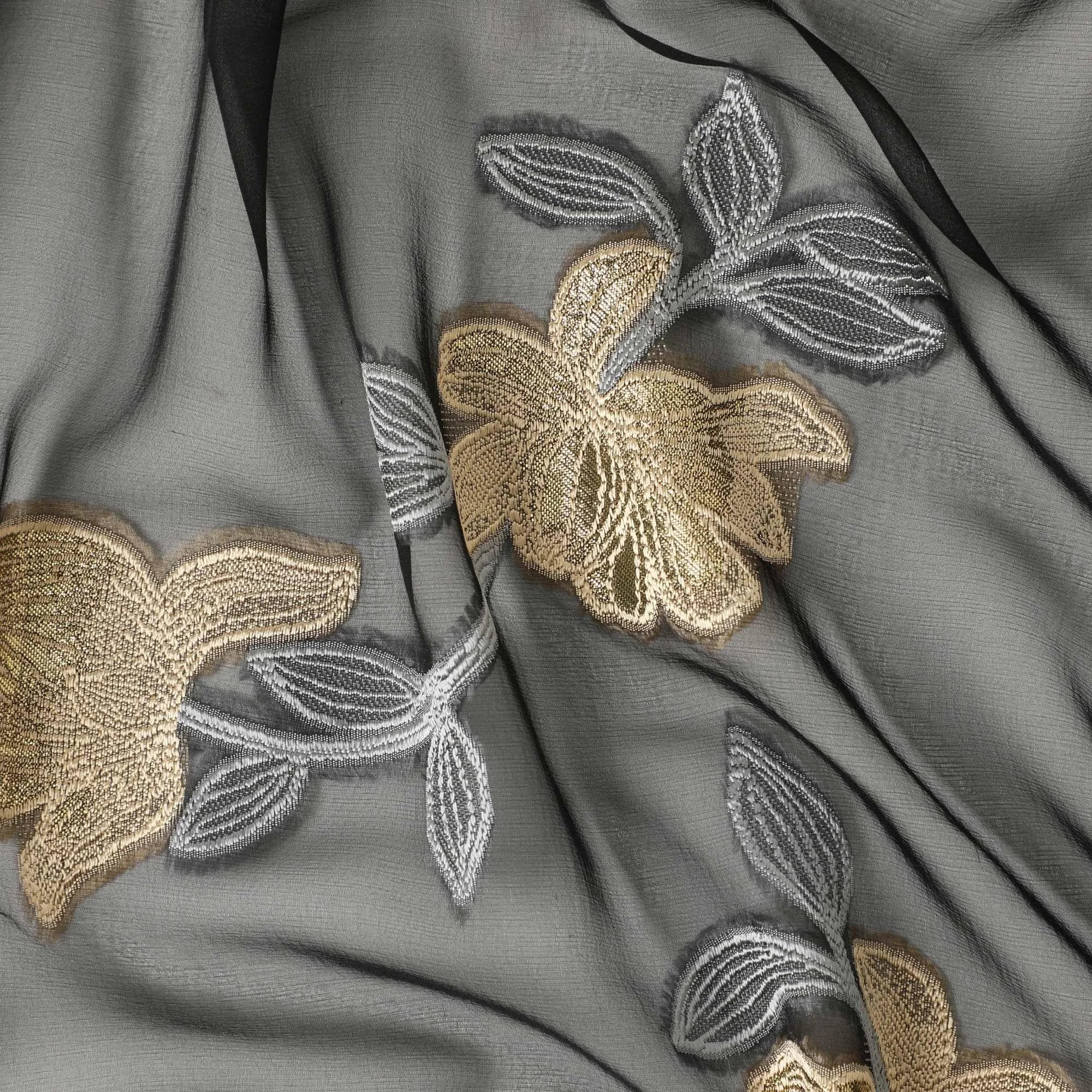 Black French silk chiffon fabric with steel grey, beige viscose and golden metallic lurex in floral design