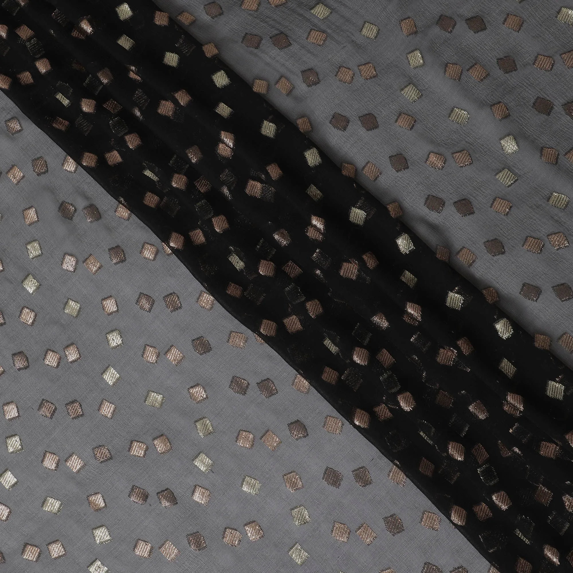 Black Premium pure French (Fransawi) silk chiffon fabric with gold and copper metallic lurex in geometric design-D16441