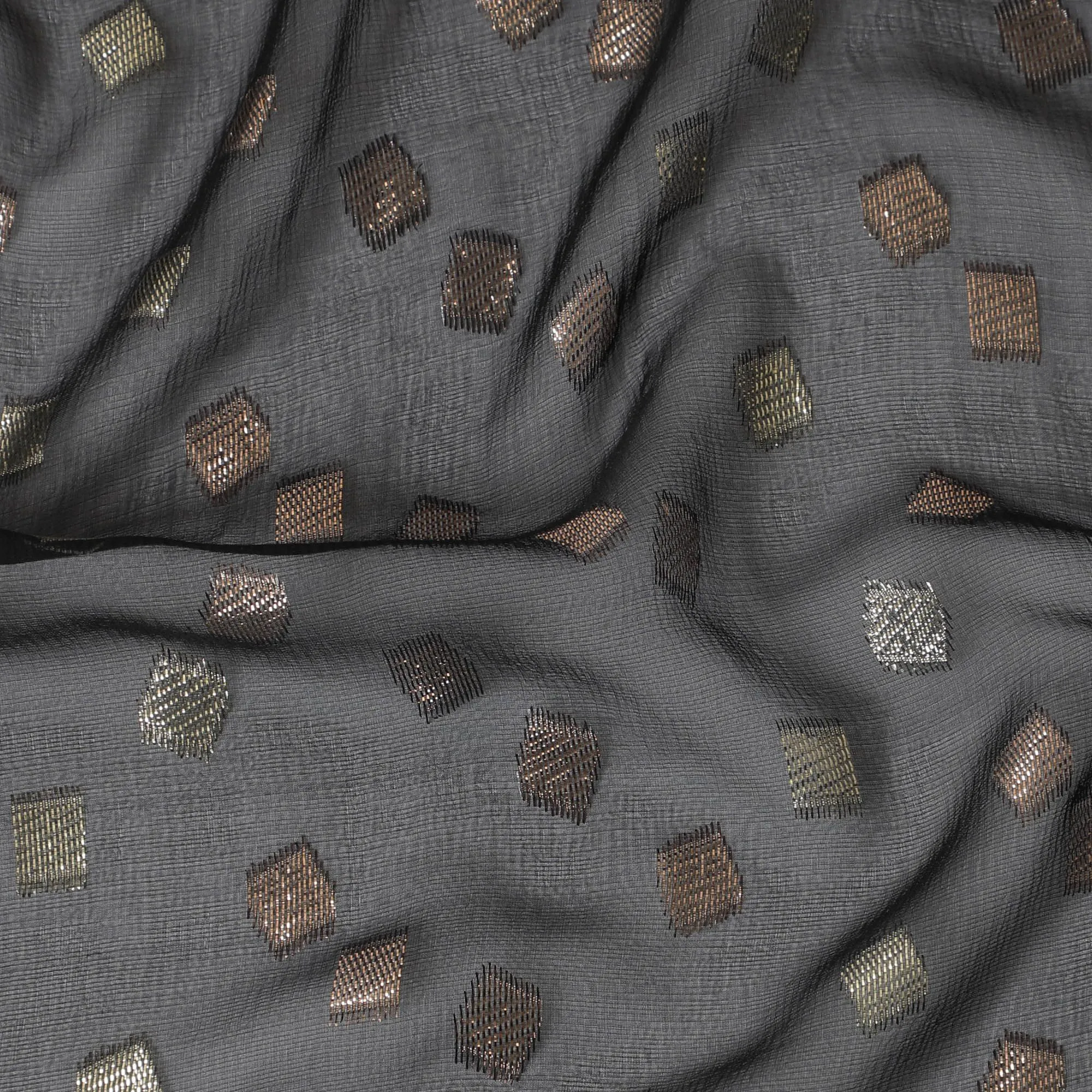 Black Premium pure French (Fransawi) silk chiffon fabric with gold and copper metallic lurex in geometric design-D16441