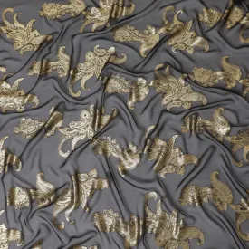 Black Premium pure French (Fransawi) silk chiffon fabric with gold metallic lurex in floral design-D14311