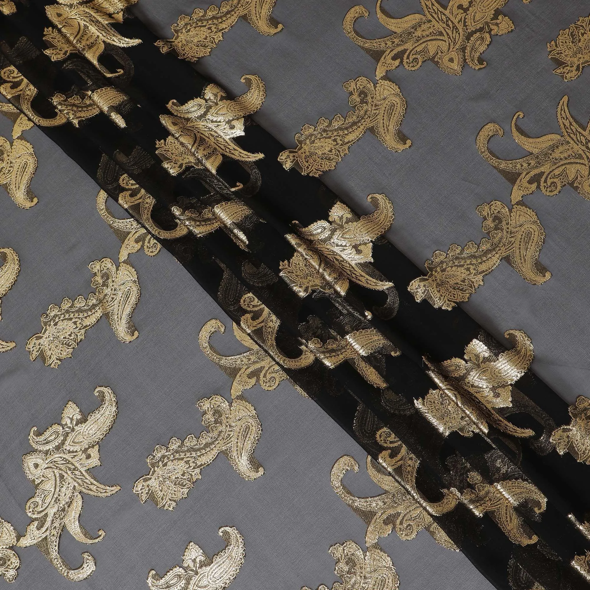 Black Premium pure French (Fransawi) silk chiffon fabric with gold metallic lurex in floral design-D14311