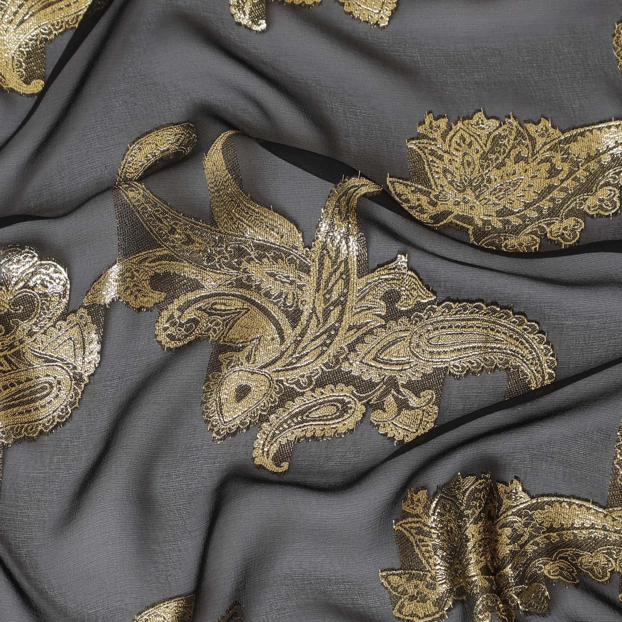 Black Premium pure French (Fransawi) silk chiffon fabric with gold metallic lurex in floral design-D14311