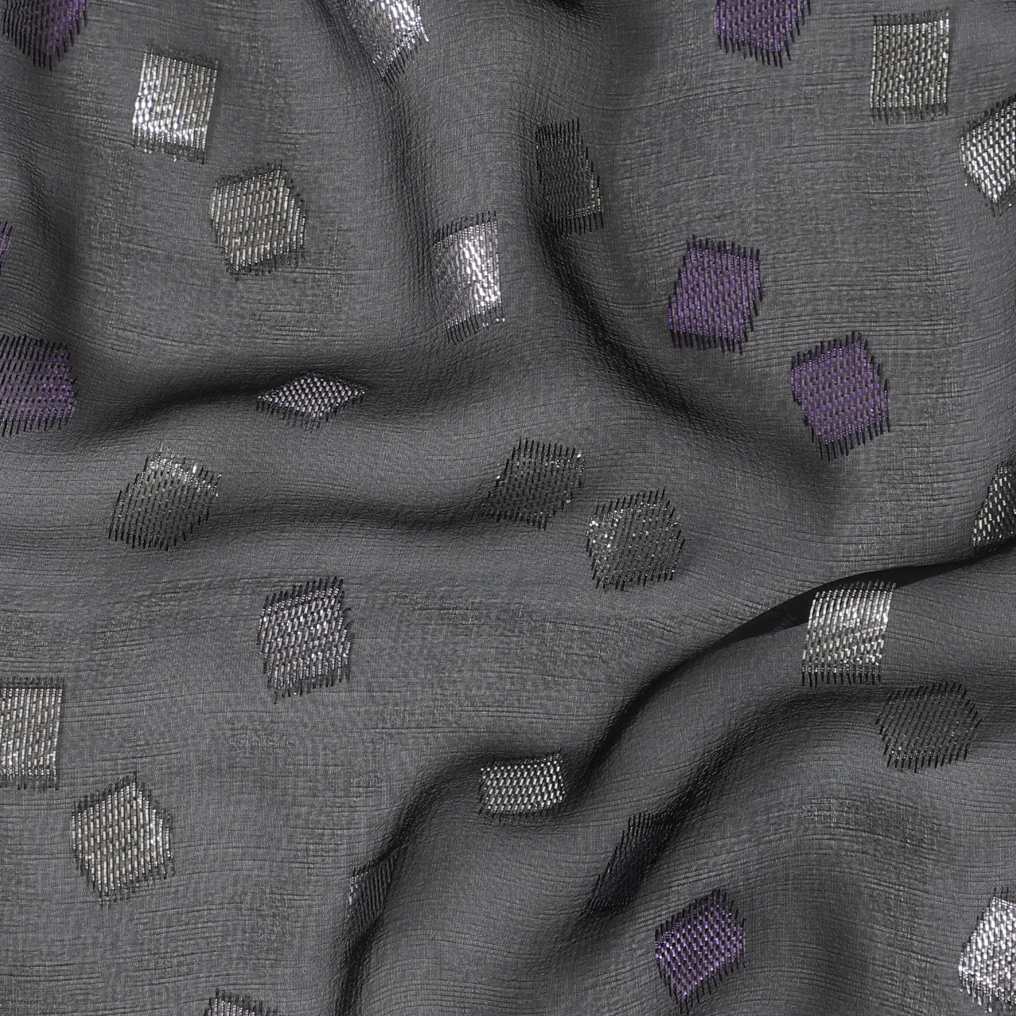 Black Premium pure French (Fransawi) silk chiffon fabric with purple and silver metallic lurex in geometric design-D16442