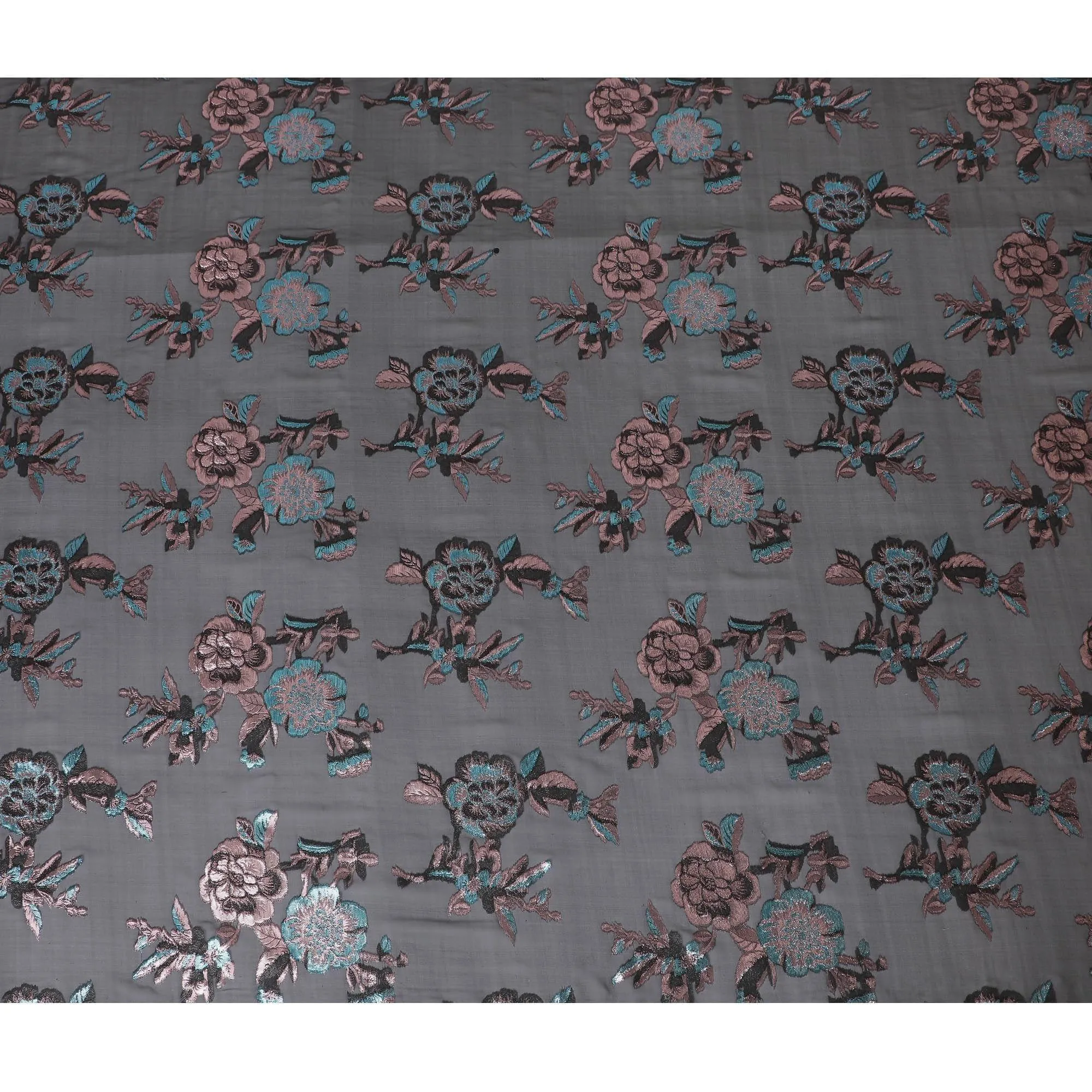 Black premium pure silk chiffon fabric with copper and blue metallic lurex in floral design-D13730