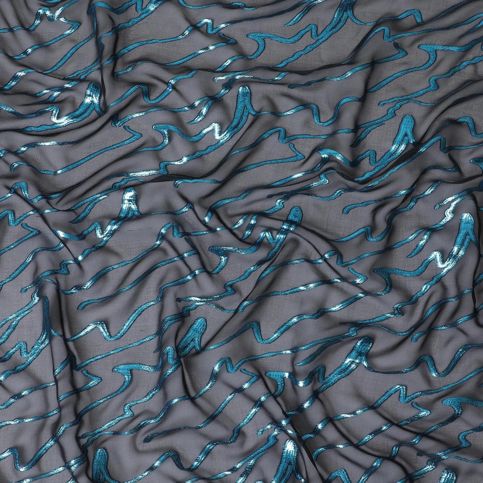 Black Premium pure silk chiffon with blue metallic lurex in abstract design-D11363