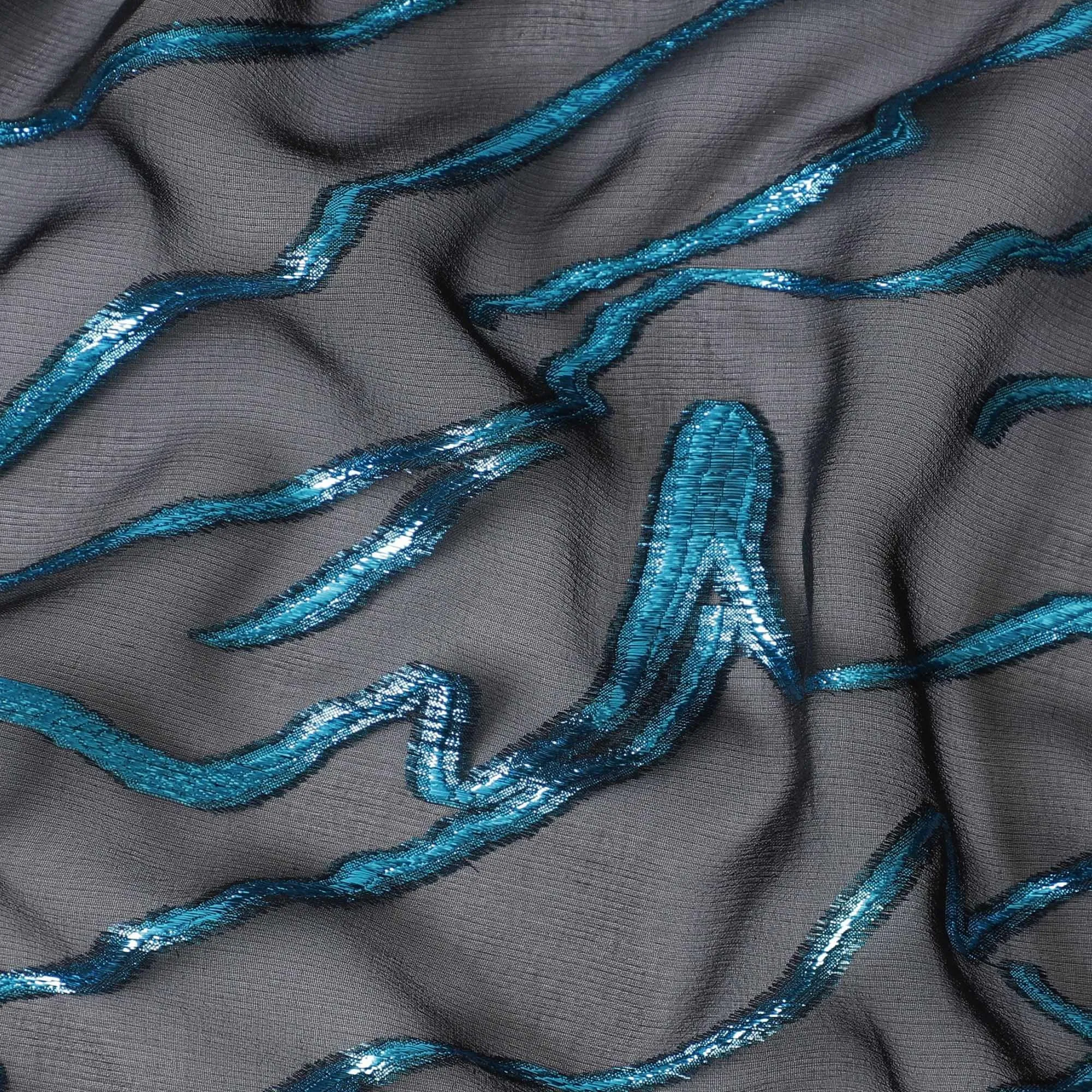 Black Premium pure silk chiffon with blue metallic lurex in abstract design-D11363