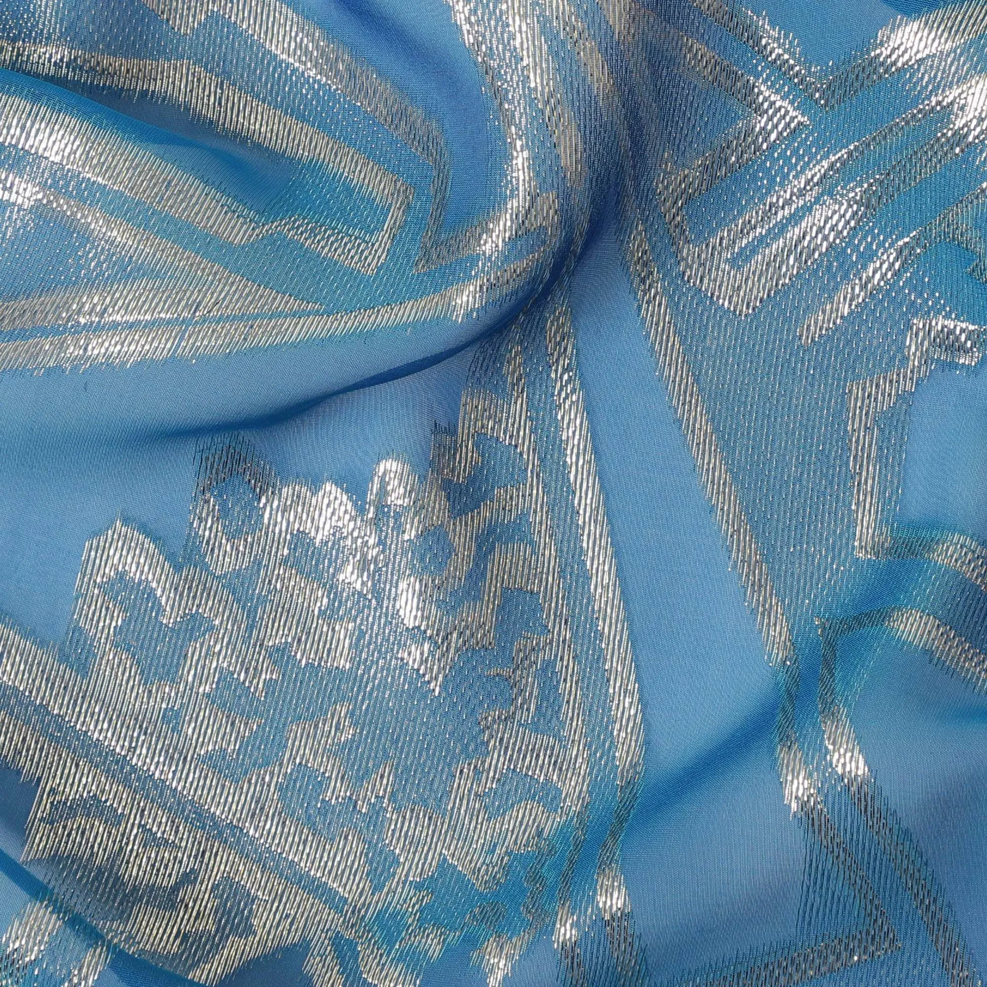 Blue Premium pure silk chiffon fabric with gold metallic lurex in abstract design-D13844