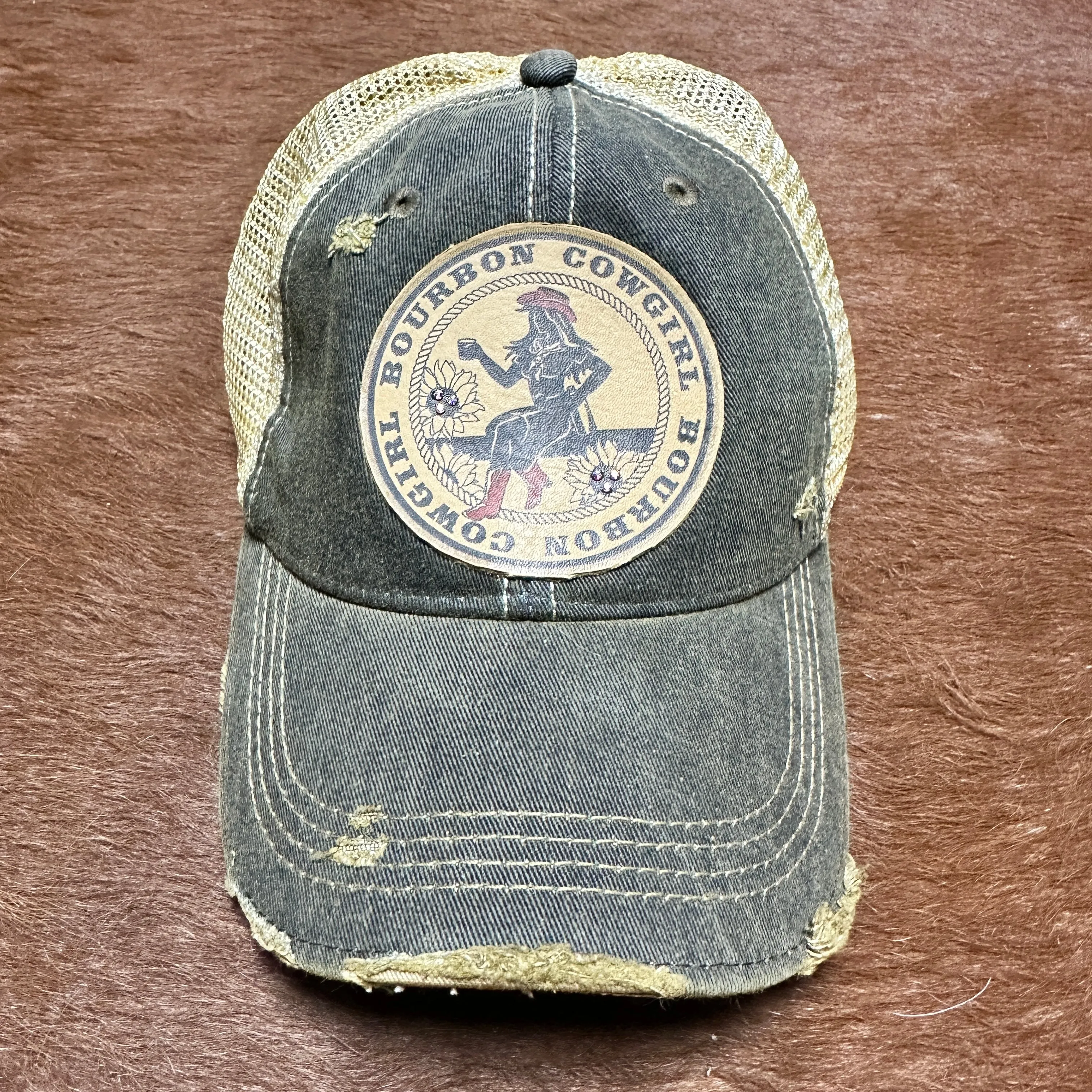 Bourbon Cowgirl Crystal Vintage Distressed Trucker Cap