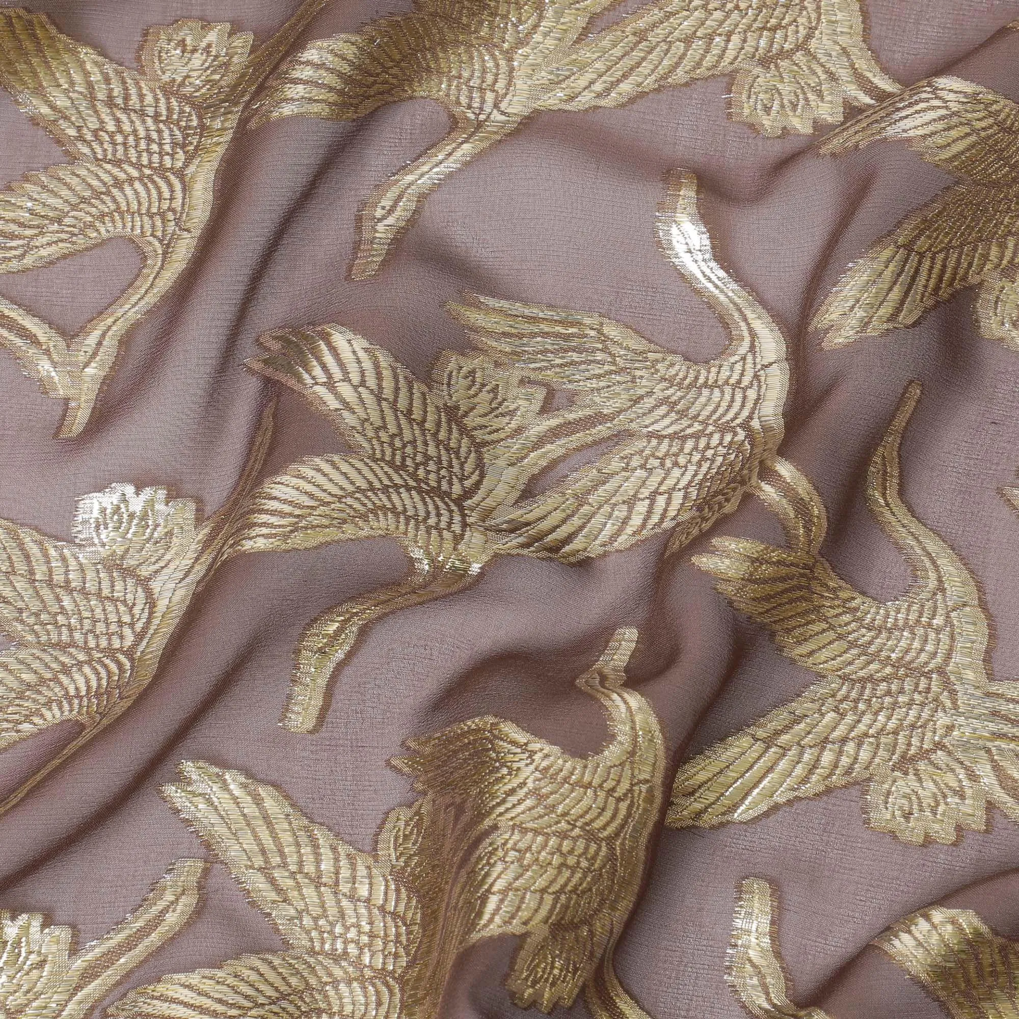 Brown premium pure silk chiffon fabric with gold metallic lurex in fancy design-D10534