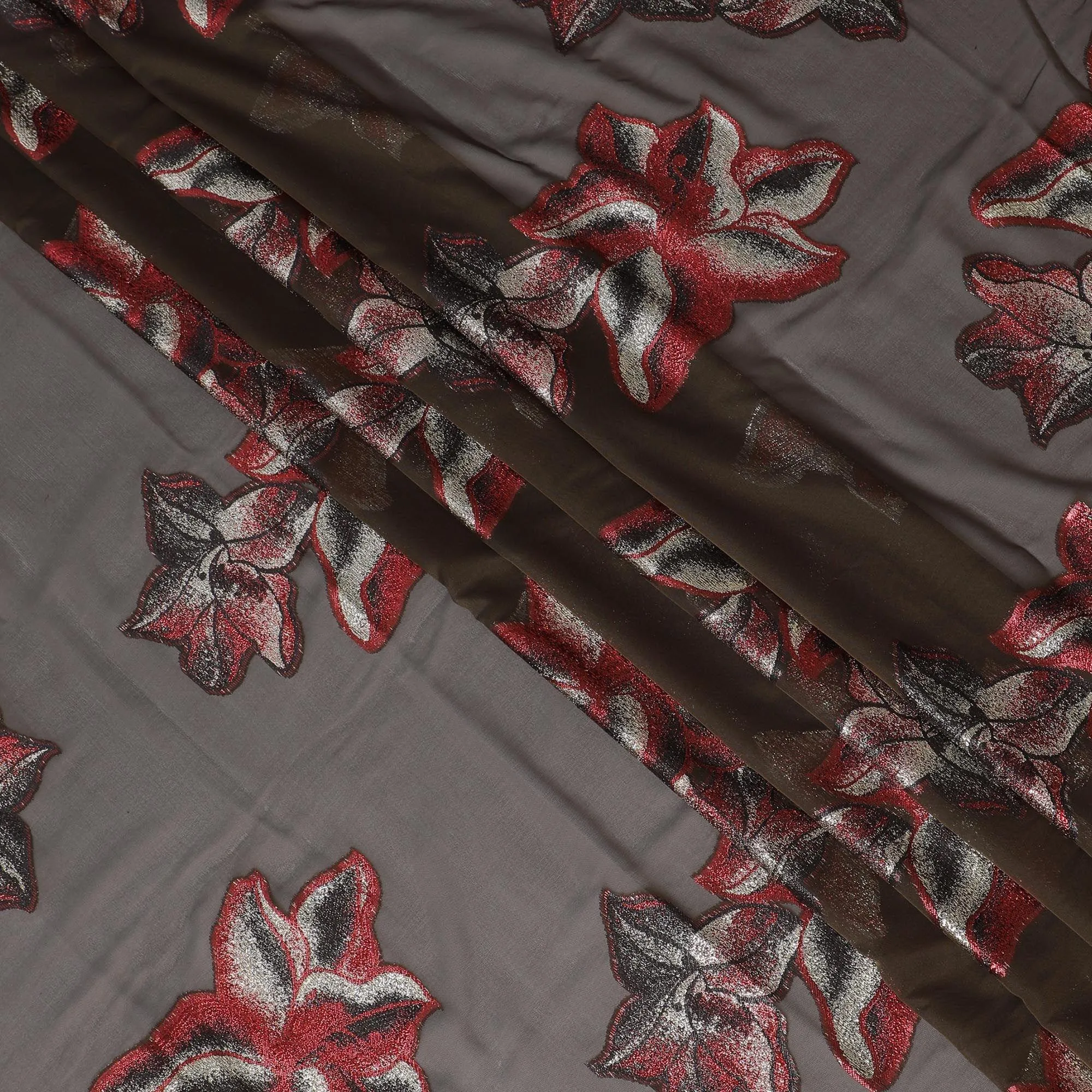 Brown Premium pure silk (Dirac) chiffon fabric with crimson red, gold and black metallic lurex in fancy design-D13407