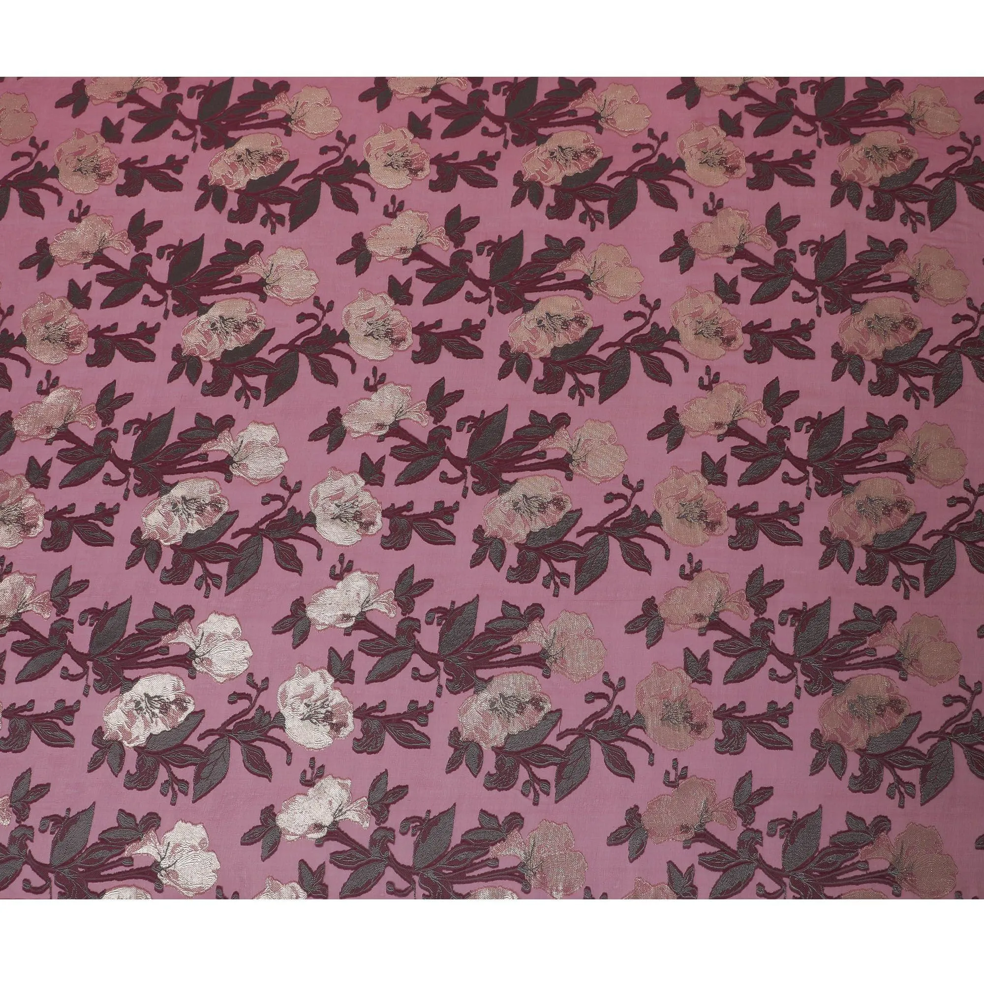 Burgundy Premium pure French (Fransawi) silk chiffon fabric with grey viscose having gold metallic lurex in floral design-D15636