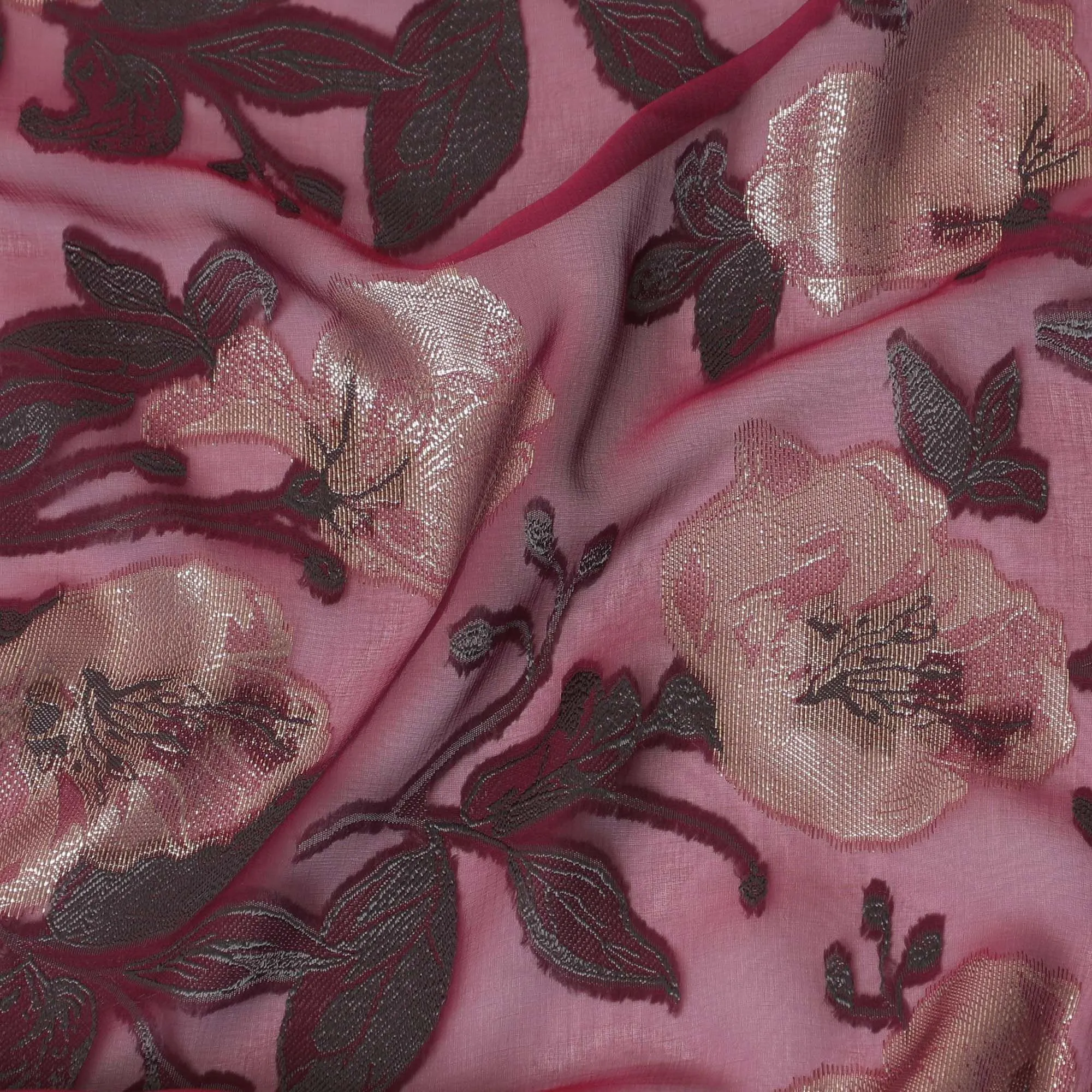 Burgundy Premium pure French (Fransawi) silk chiffon fabric with grey viscose having gold metallic lurex in floral design-D15636