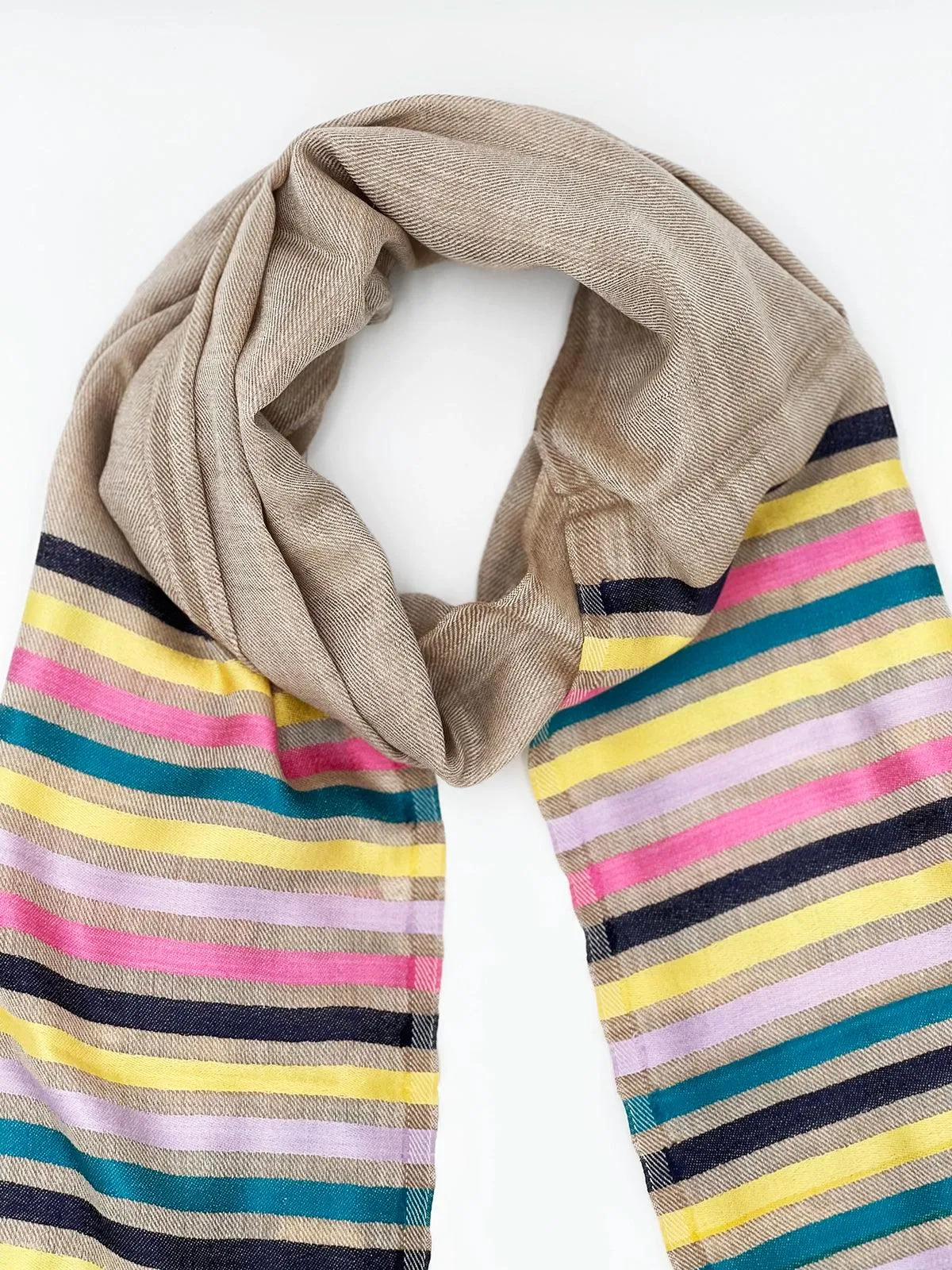 Cashmere Scarf - BEIGE WITH RAINBOW STRIPES