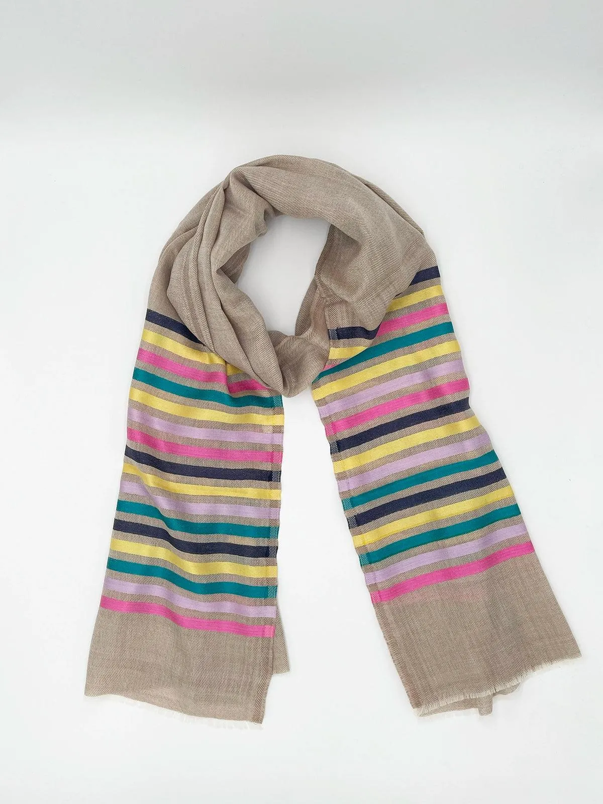 Cashmere Scarf - BEIGE WITH RAINBOW STRIPES