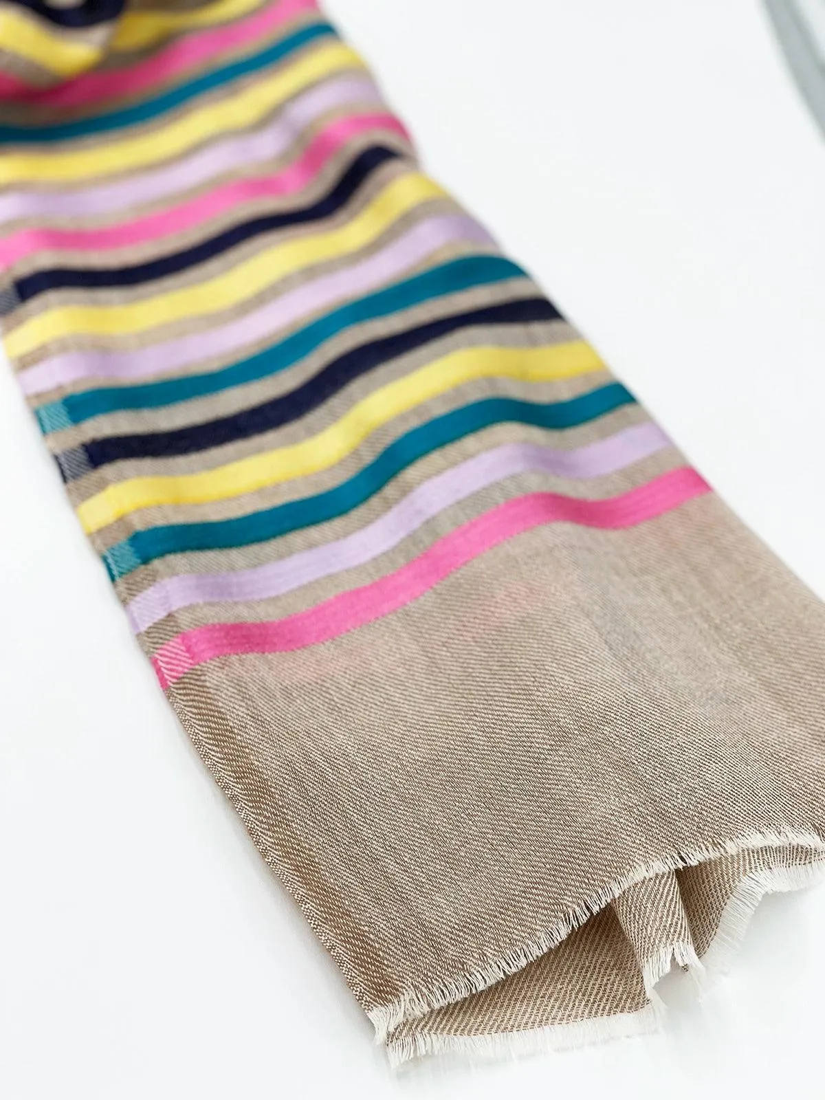 Cashmere Scarf - BEIGE WITH RAINBOW STRIPES