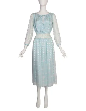 Courreges Vintage 1970s Baby Blue Cloud Print Silk Chiffon Dress and Scarf Ensemble