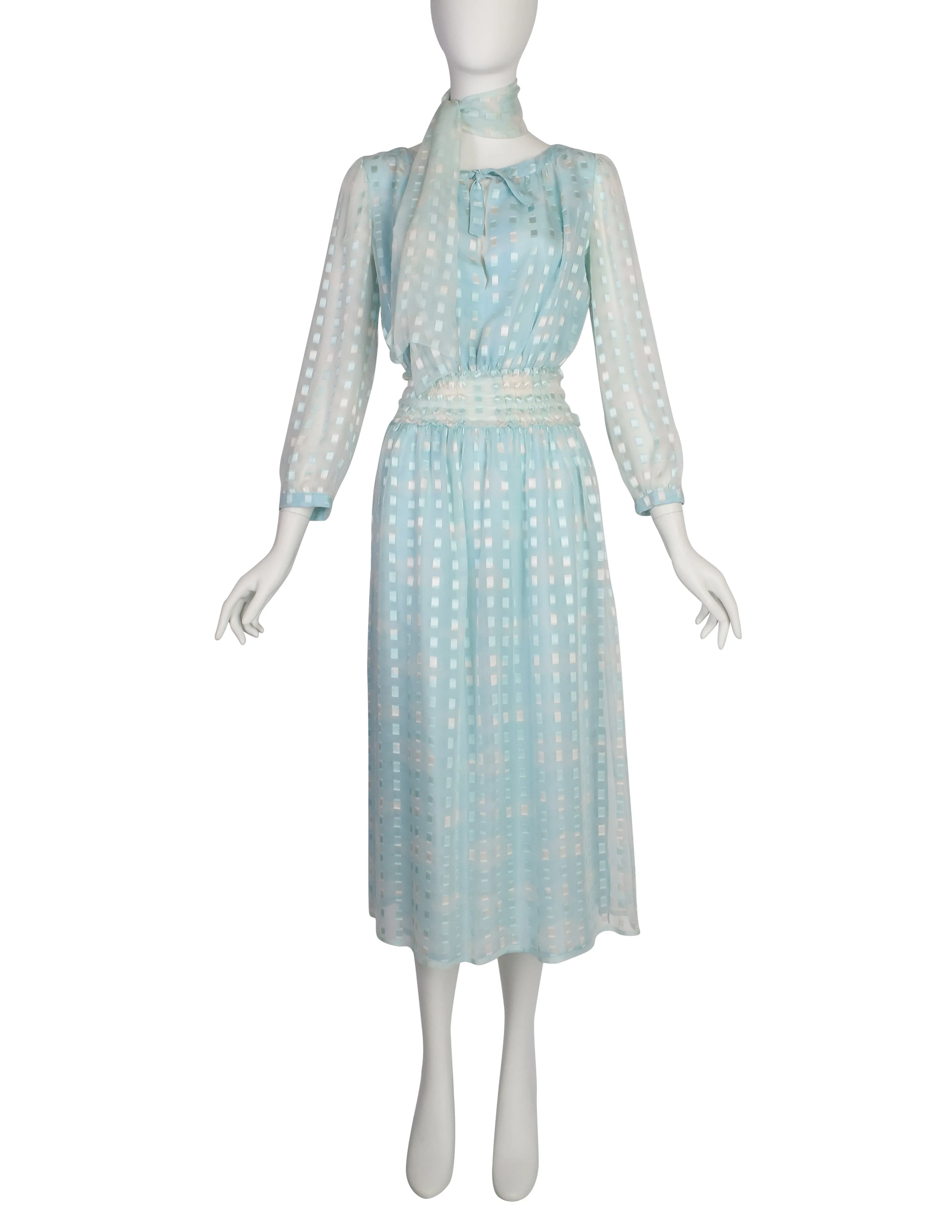 Courreges Vintage 1970s Baby Blue Cloud Print Silk Chiffon Dress and Scarf Ensemble