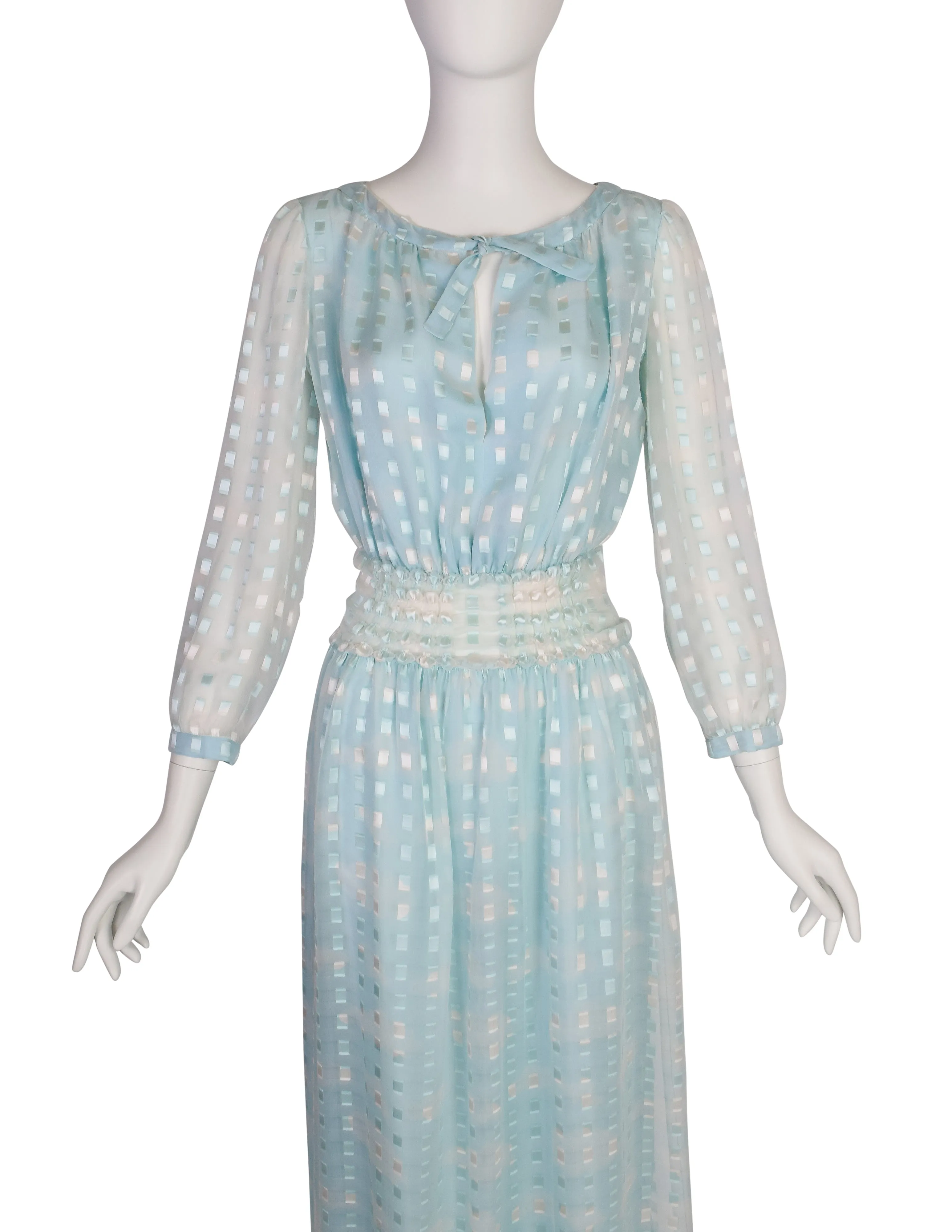 Courreges Vintage 1970s Baby Blue Cloud Print Silk Chiffon Dress and Scarf Ensemble