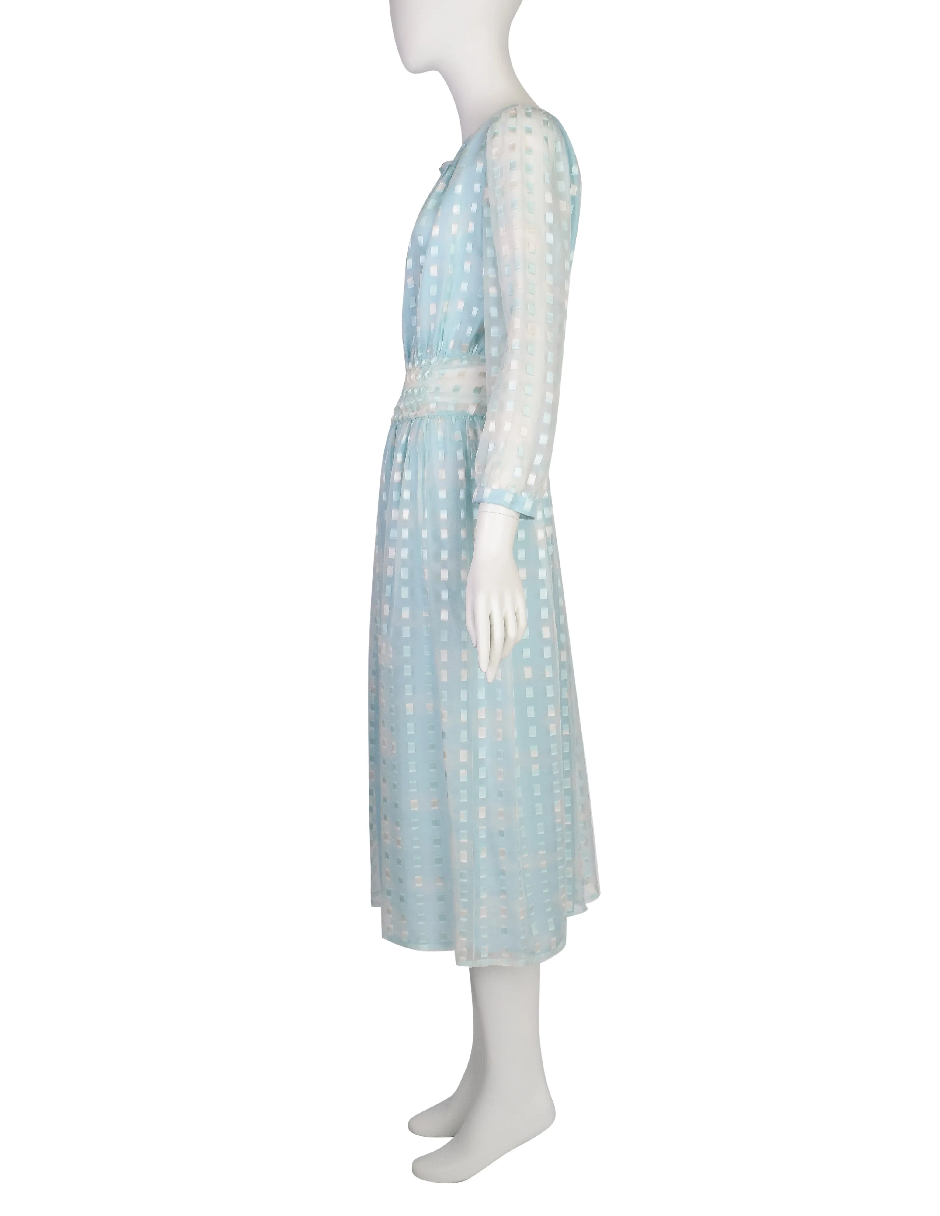 Courreges Vintage 1970s Baby Blue Cloud Print Silk Chiffon Dress and Scarf Ensemble