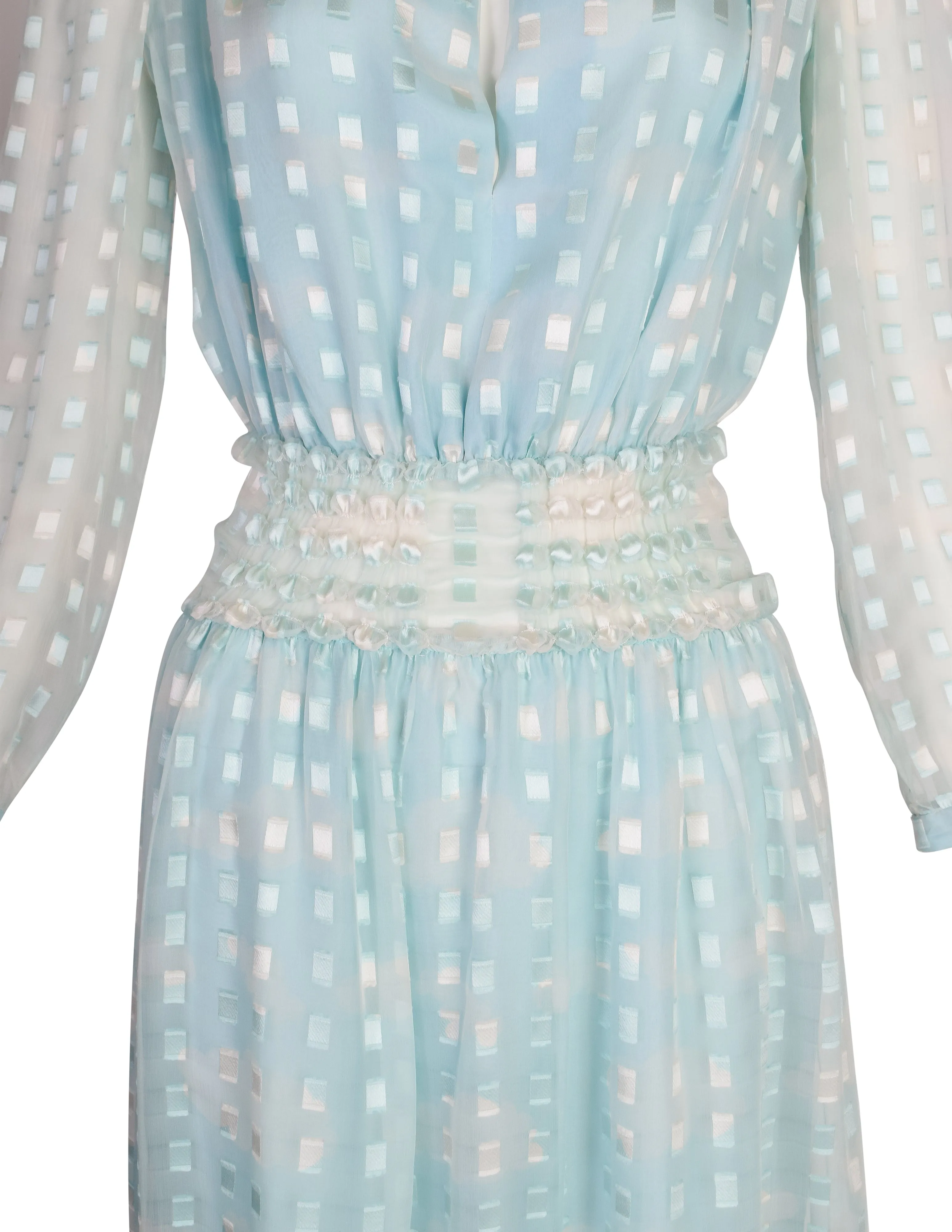 Courreges Vintage 1970s Baby Blue Cloud Print Silk Chiffon Dress and Scarf Ensemble