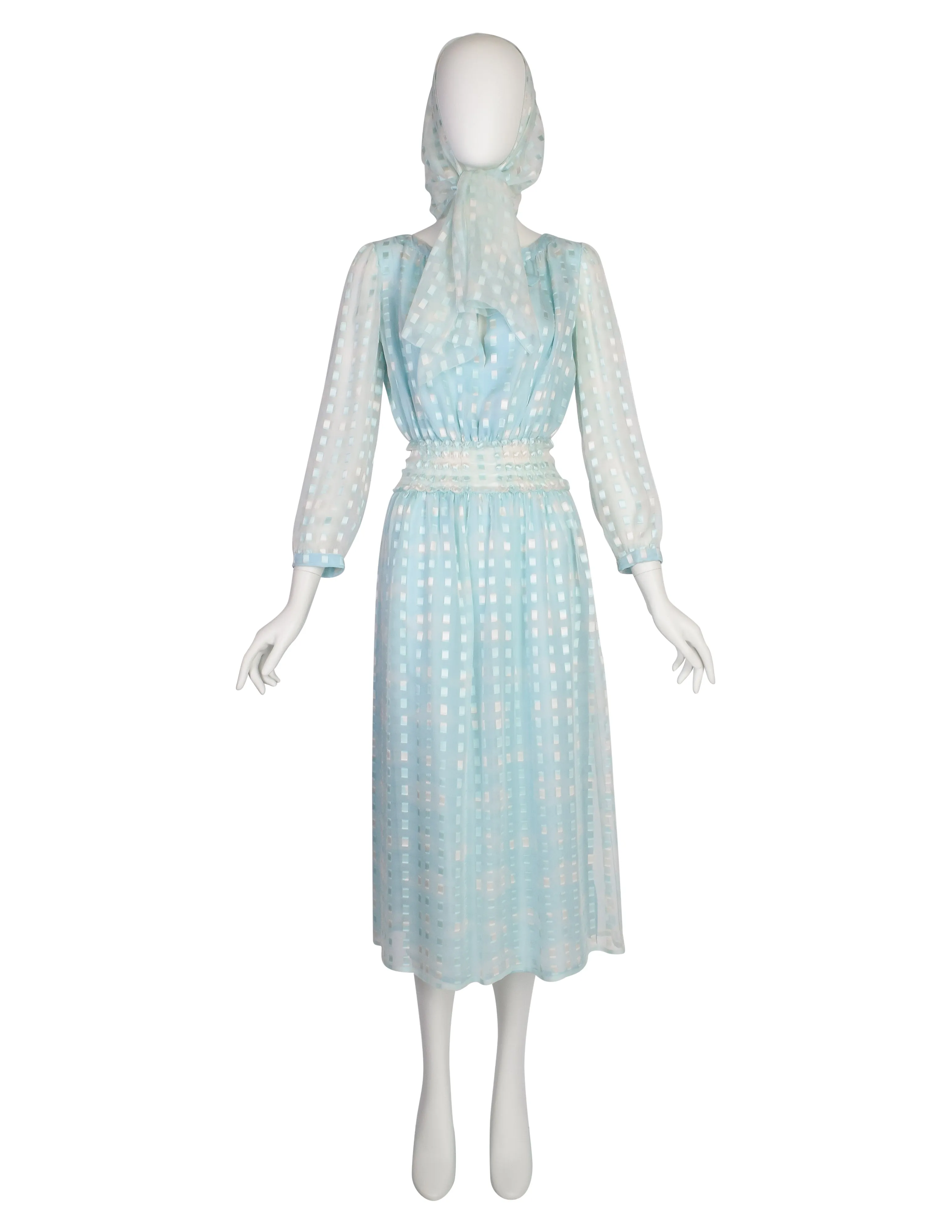 Courreges Vintage 1970s Baby Blue Cloud Print Silk Chiffon Dress and Scarf Ensemble