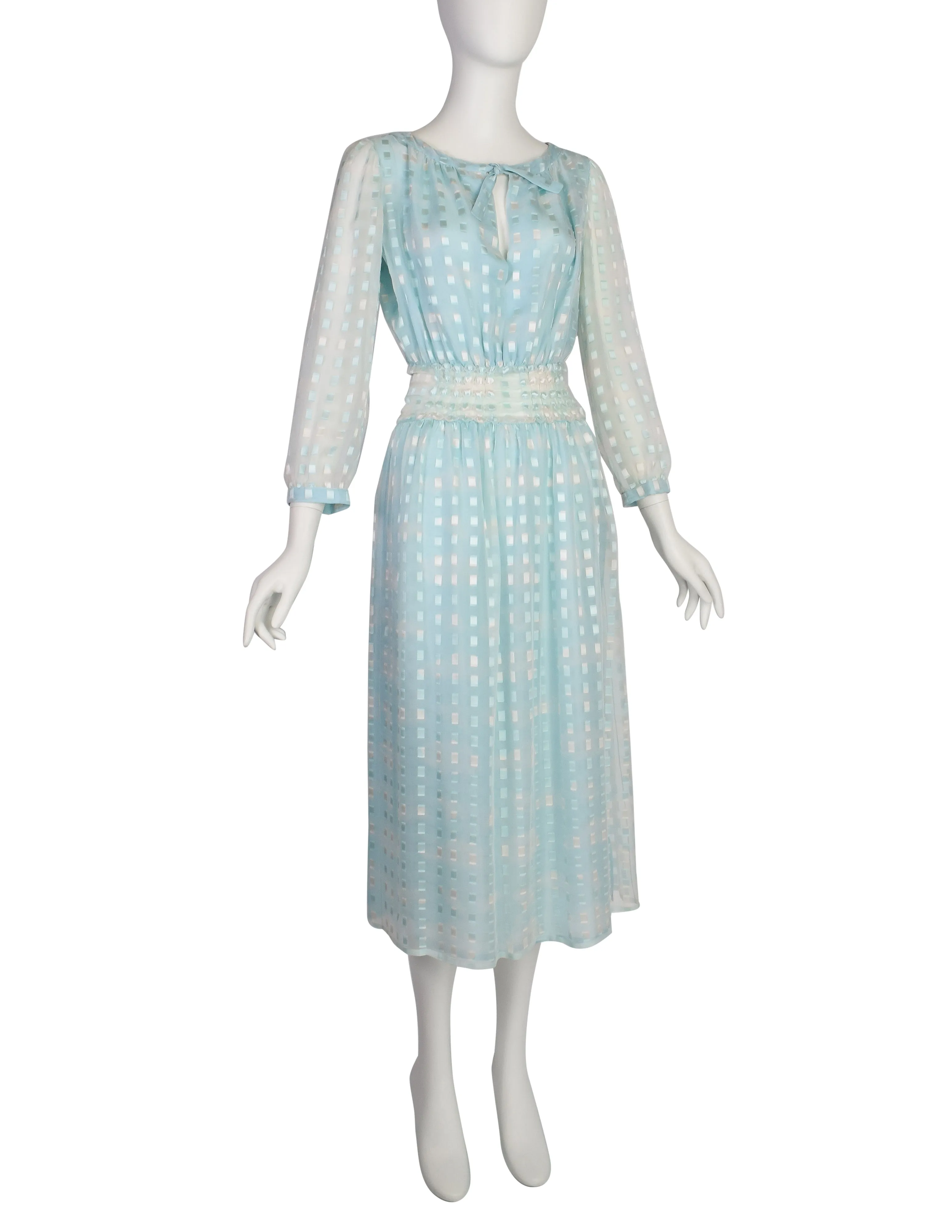 Courreges Vintage 1970s Baby Blue Cloud Print Silk Chiffon Dress and Scarf Ensemble