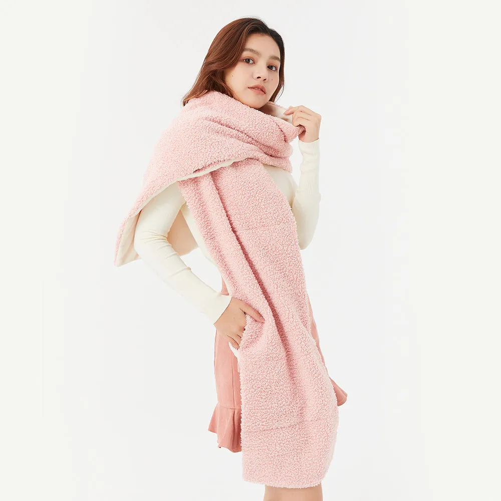 Dual-sided Fleece Long Scarf Warm Wrap Shawl with Pockets for Cold Winter Season