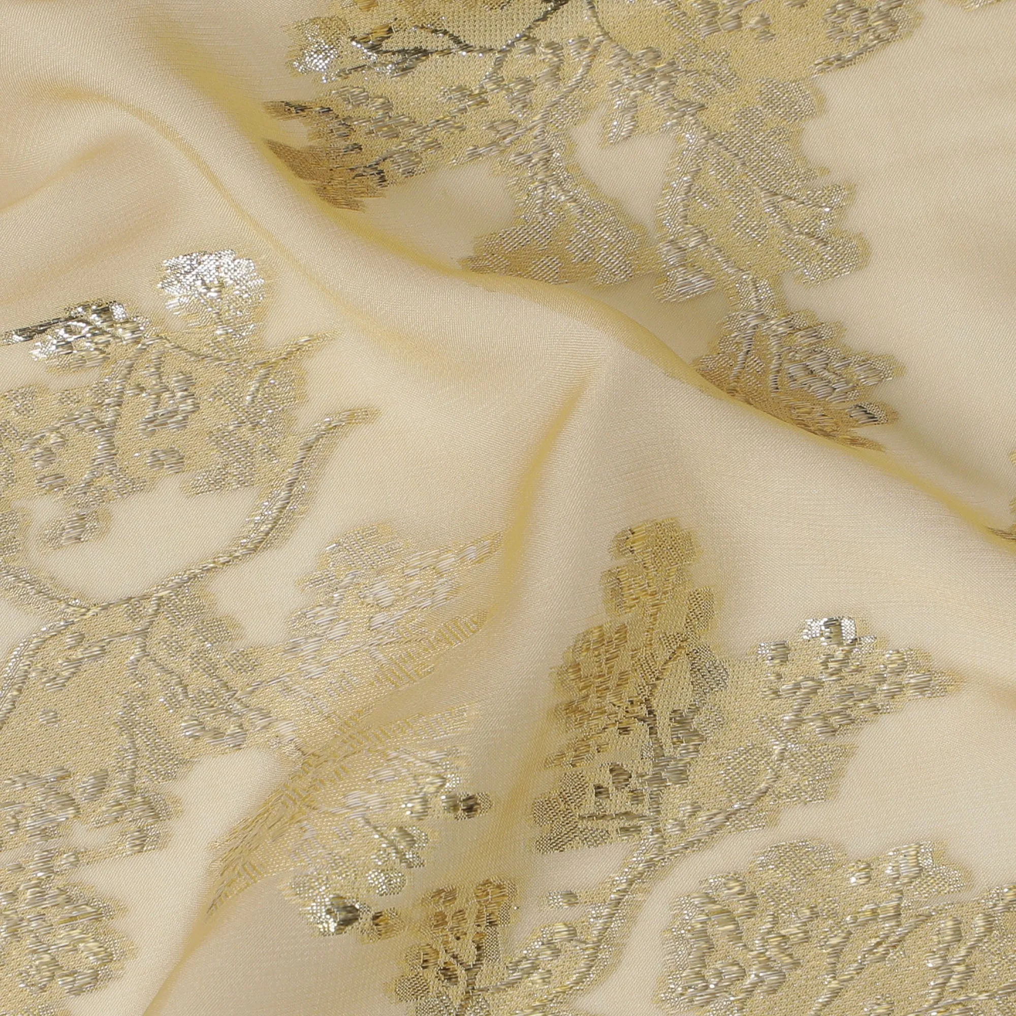 Elegant Gold Silk Chiffon Fabric with Metallic Lurex Floral Design, 110 cm Width, South Korea-D19728