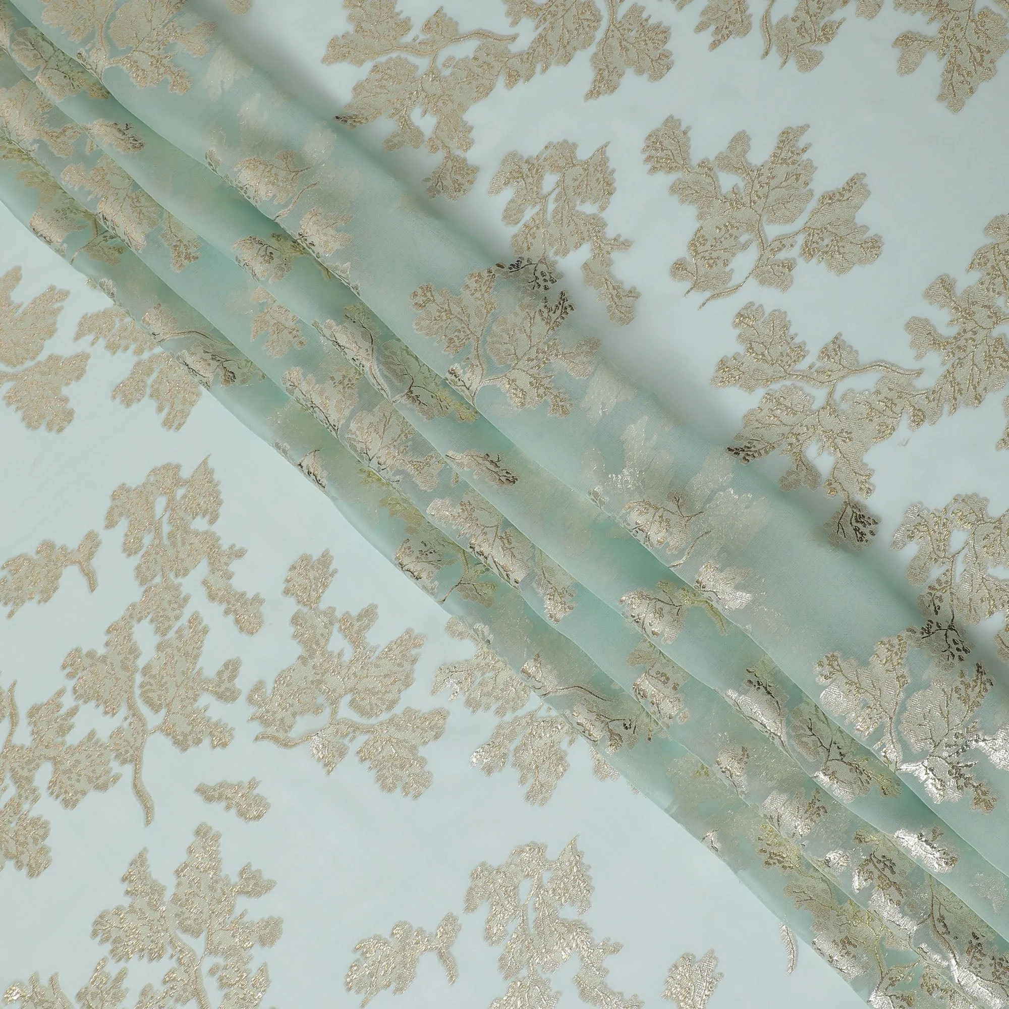 Elegant Mint Green Silk Chiffon Fabric with Metallic Lurex Floral Design, 110 cm Width, South Korea-D19723