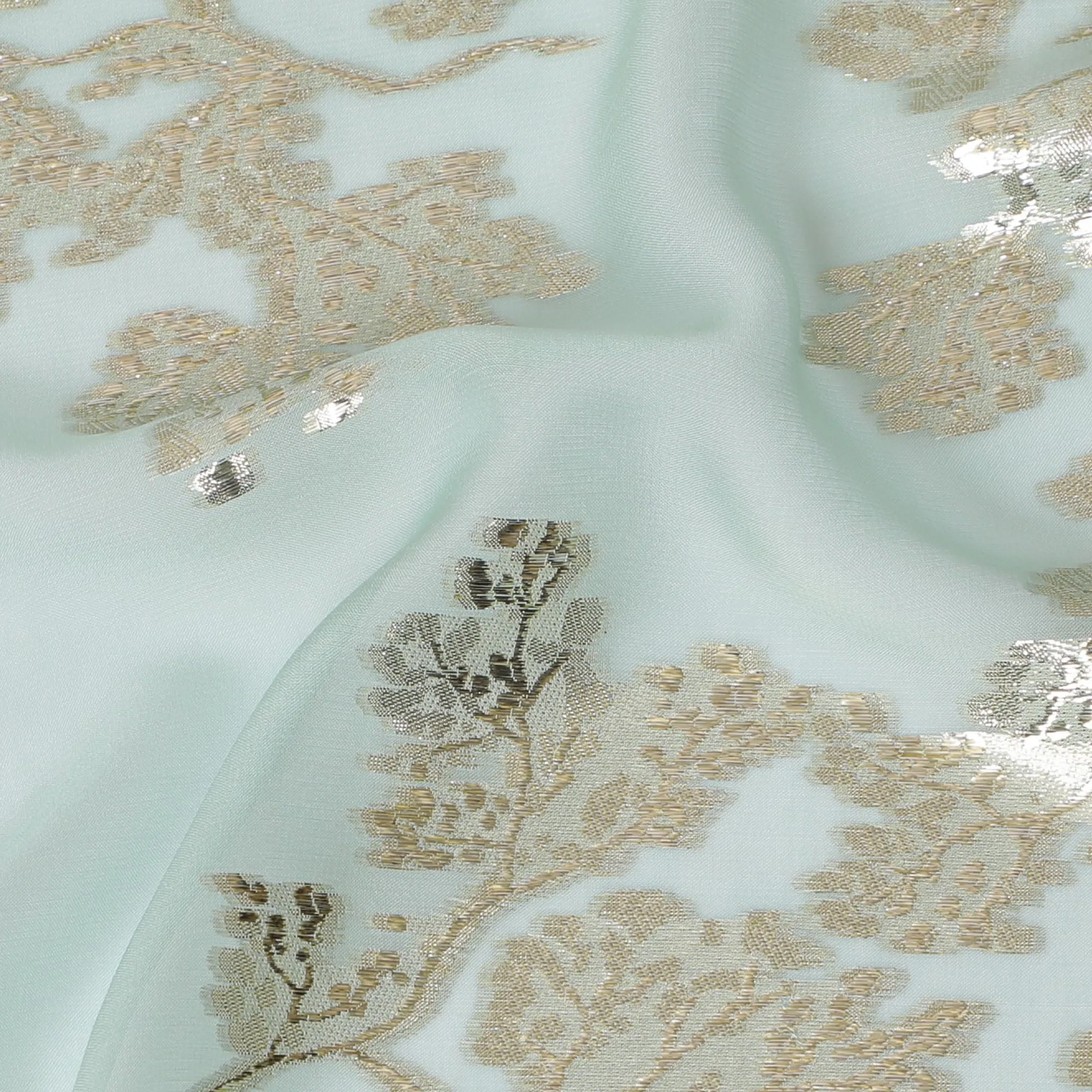 Elegant Mint Green Silk Chiffon Fabric with Metallic Lurex Floral Design, 110 cm Width, South Korea-D19723