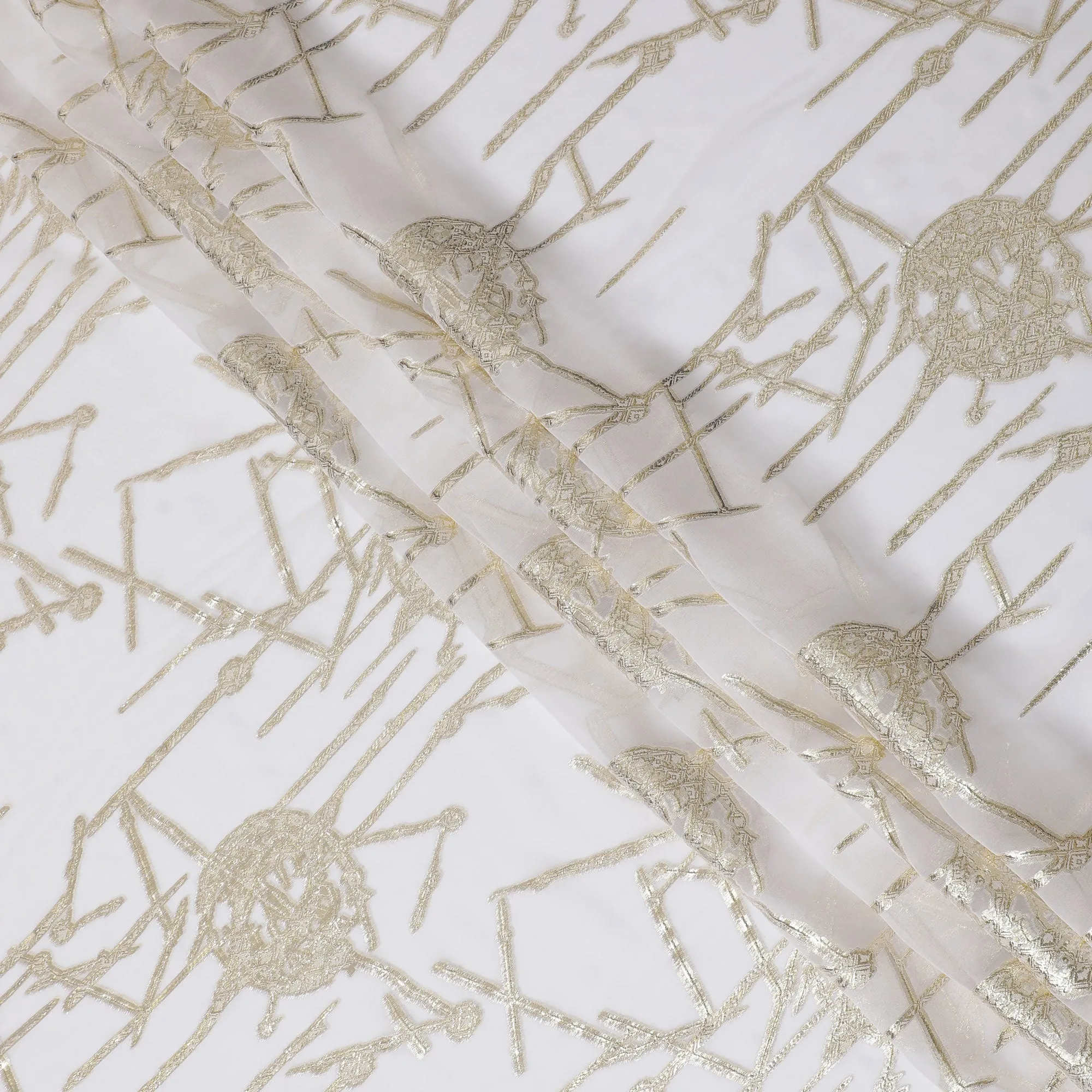 Elegant White Silk Chiffon Fabric with Metallic Lurex Geometric Floral Design, 110 cm Width, South Korea-D19729