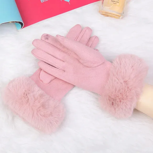 Faux Fur Suede Leather Touch Screen Driving Gloves