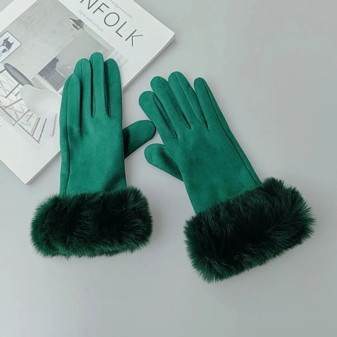 Faux Fur Suede Leather Touch Screen Driving Gloves