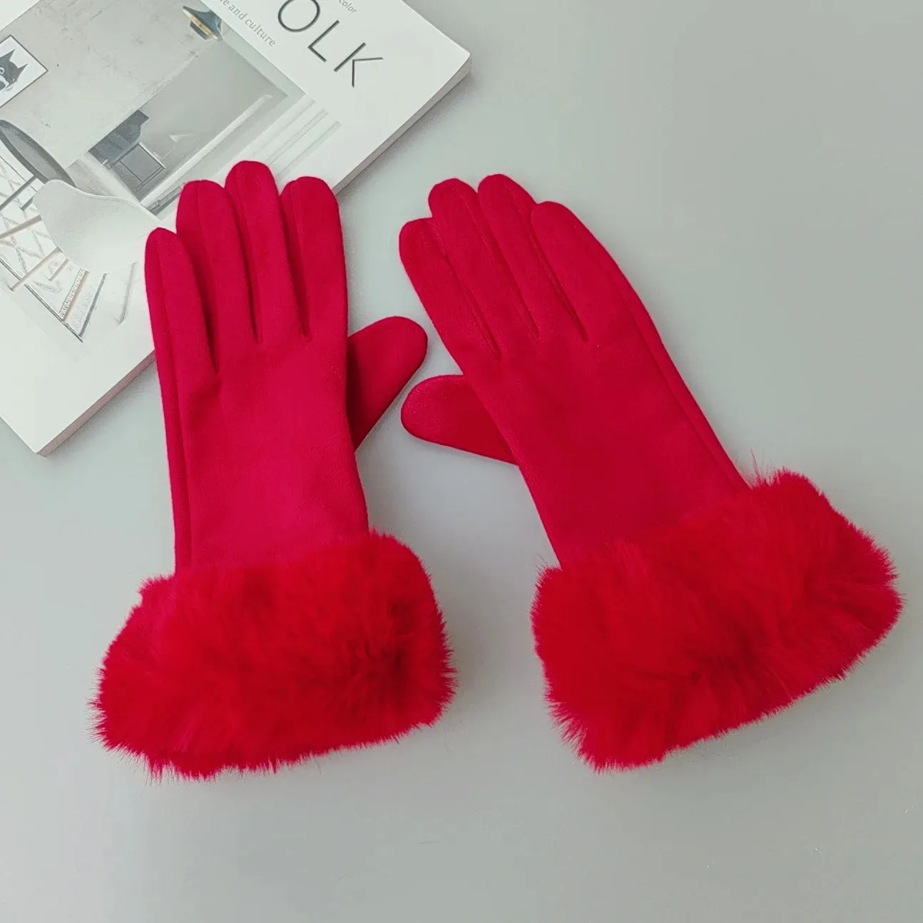 Faux Fur Suede Leather Touch Screen Driving Gloves